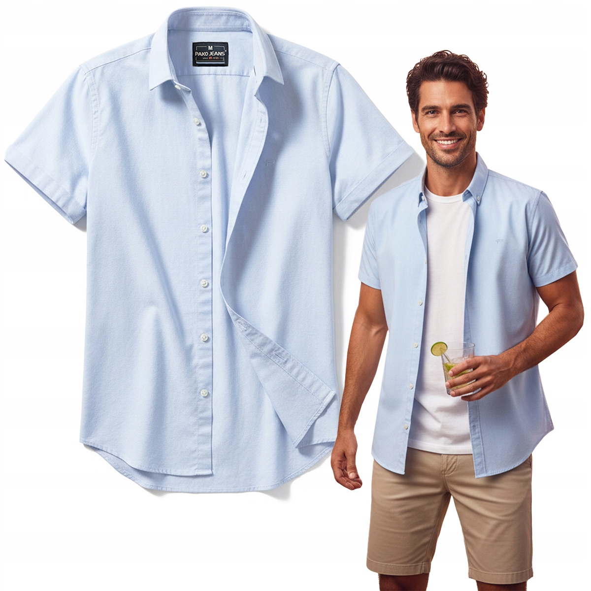 Pánská košile s krátkým rukávem Lněná modrá Regular Fit Pako Jeans