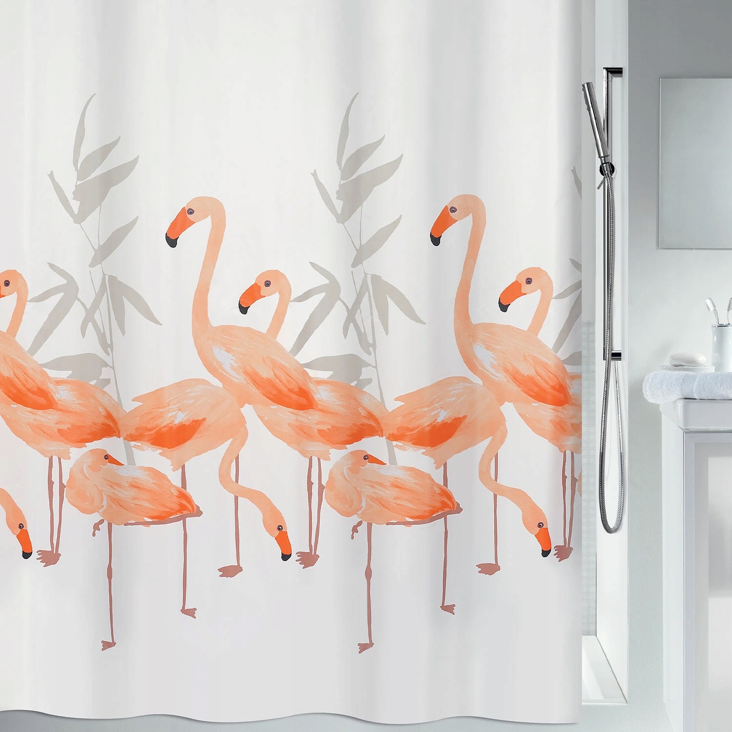 Spirella sprchový závěs Flamingo, motiv plameňáků, bílý, 180 x 200 cm