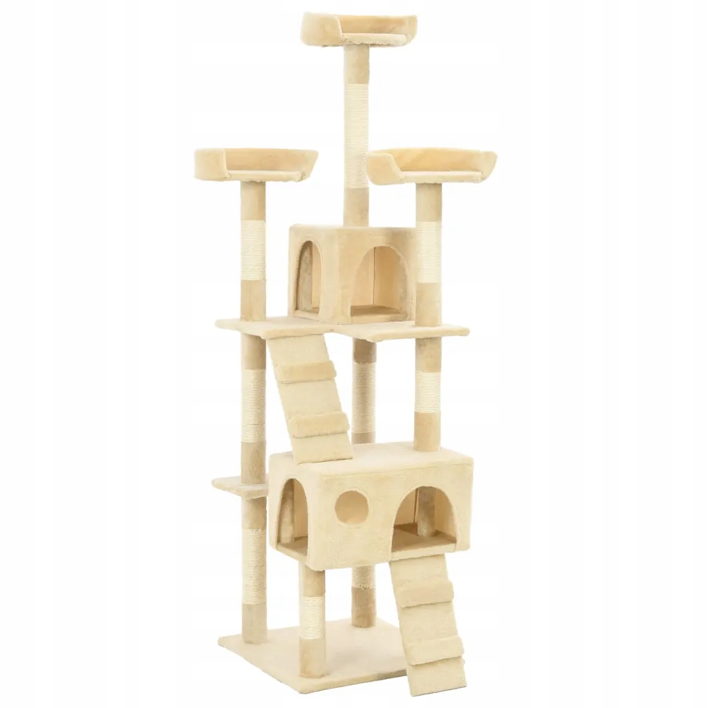 Víceúrovňový škrabák pro kočky s domky a platformami, béžový, 50x50x170