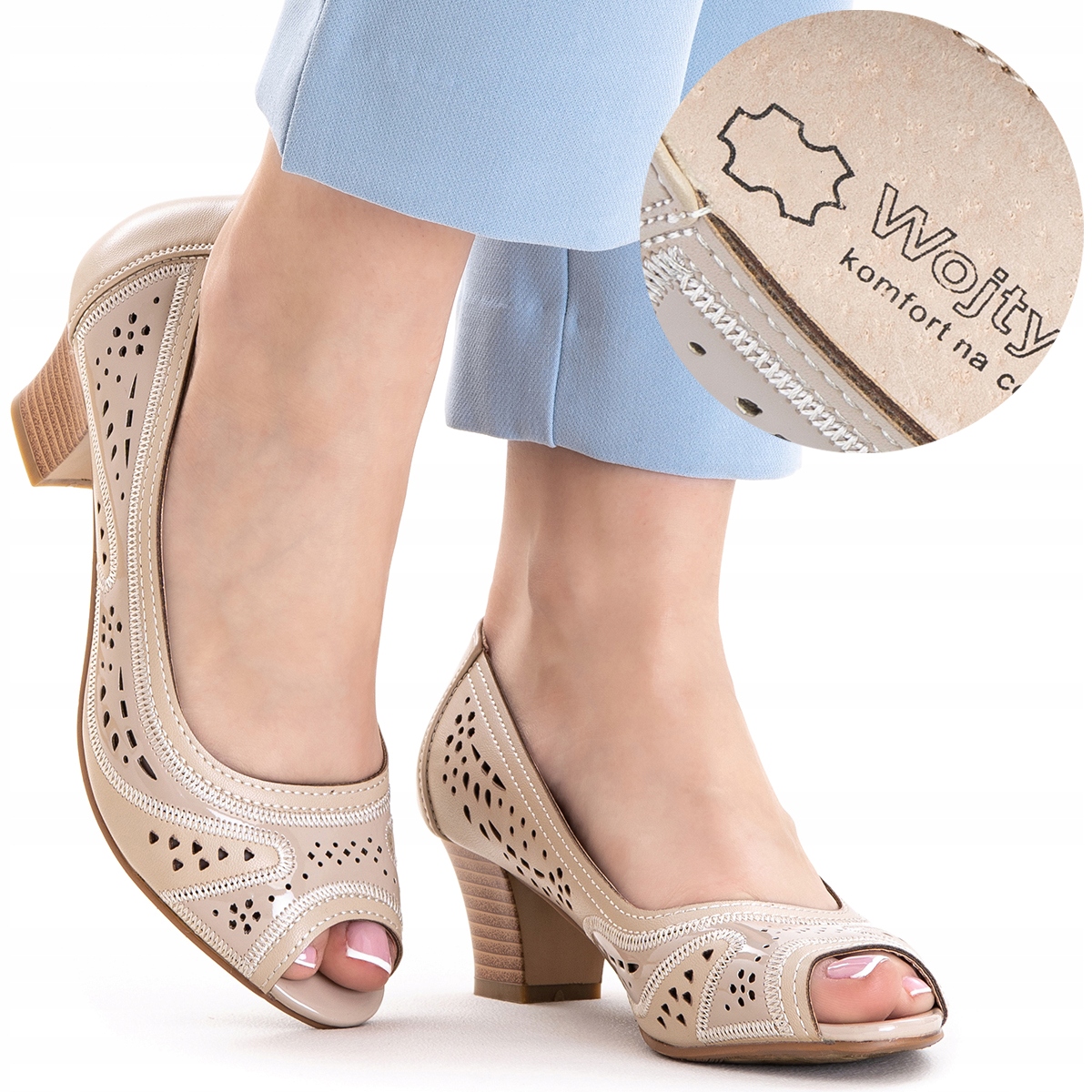 Boty z kůže, sandály na podpatku Širší, lehké, ažurové, módní Wojtyłko 36