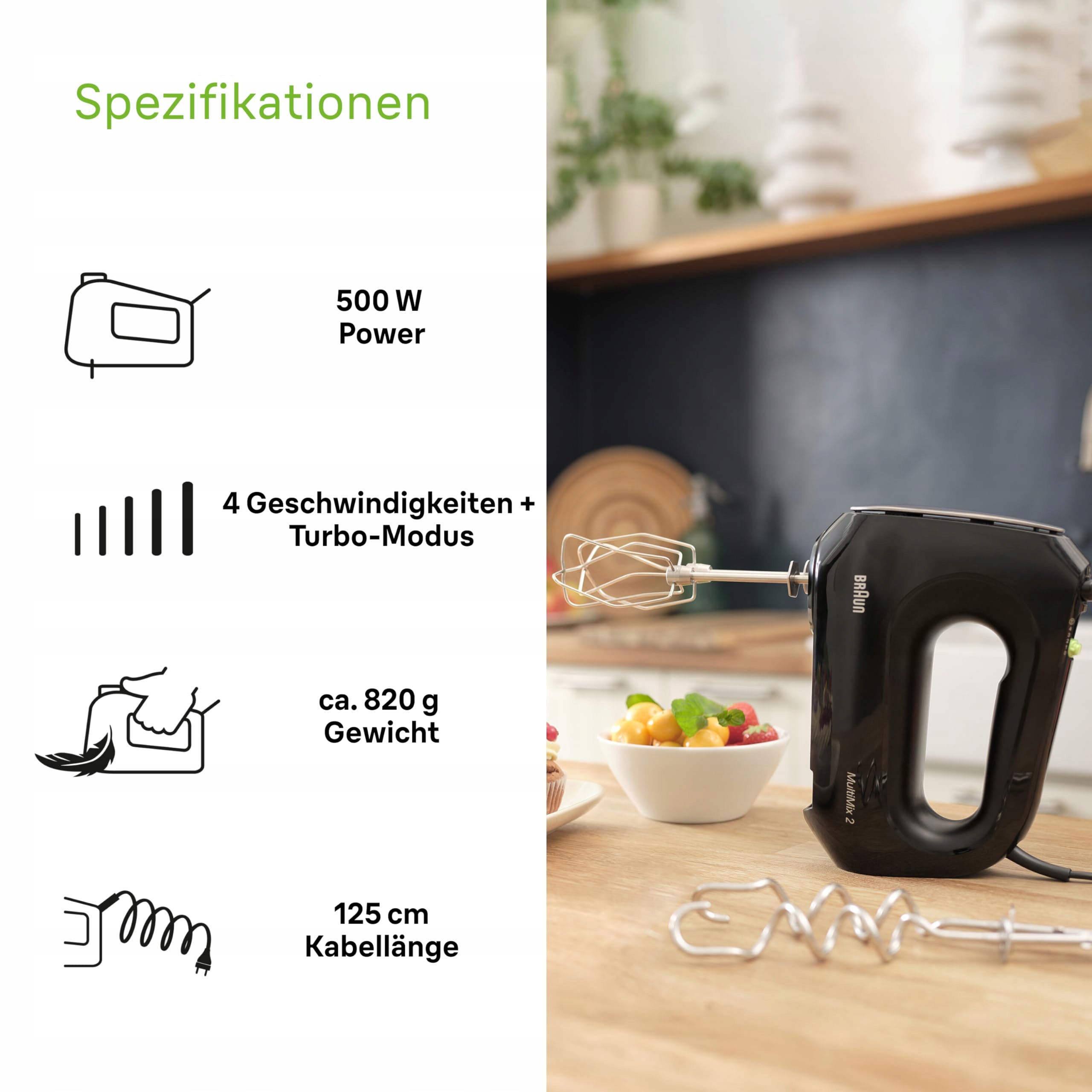 BRAUN Household MultiMix 2 Mikser Ręczny 500W 4 Prędkości Turbo Czarny — miniatura 3