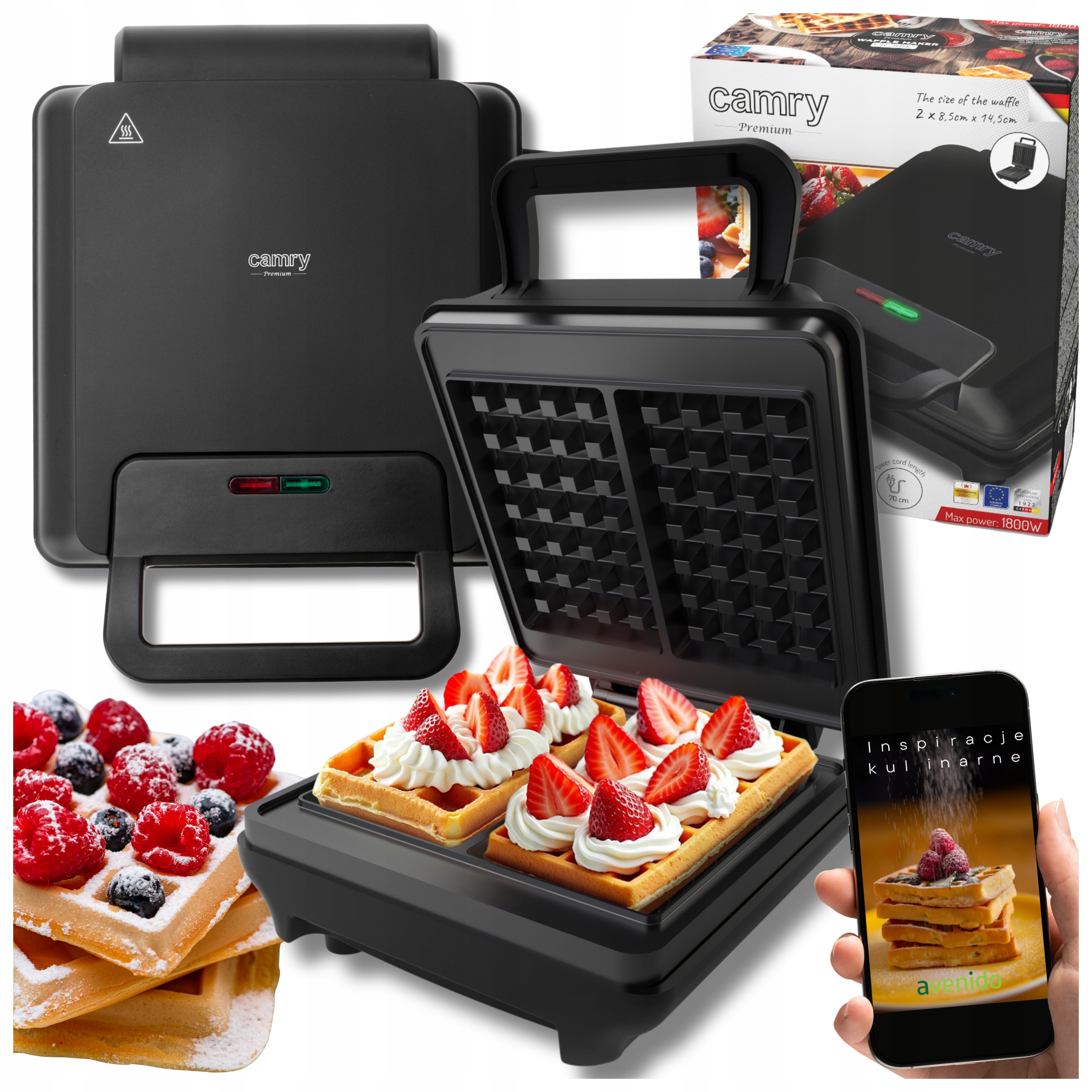 Gofrownica 1800W XXL na 2 Duże Gofry Non-stick Mocna Camry CR3092 czarna