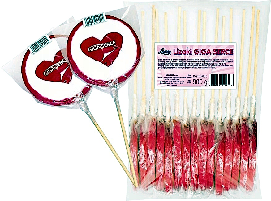 Lízátka červená Giga srdce ideální na Valentýna Liwocz 60g x 1 5 Kusů