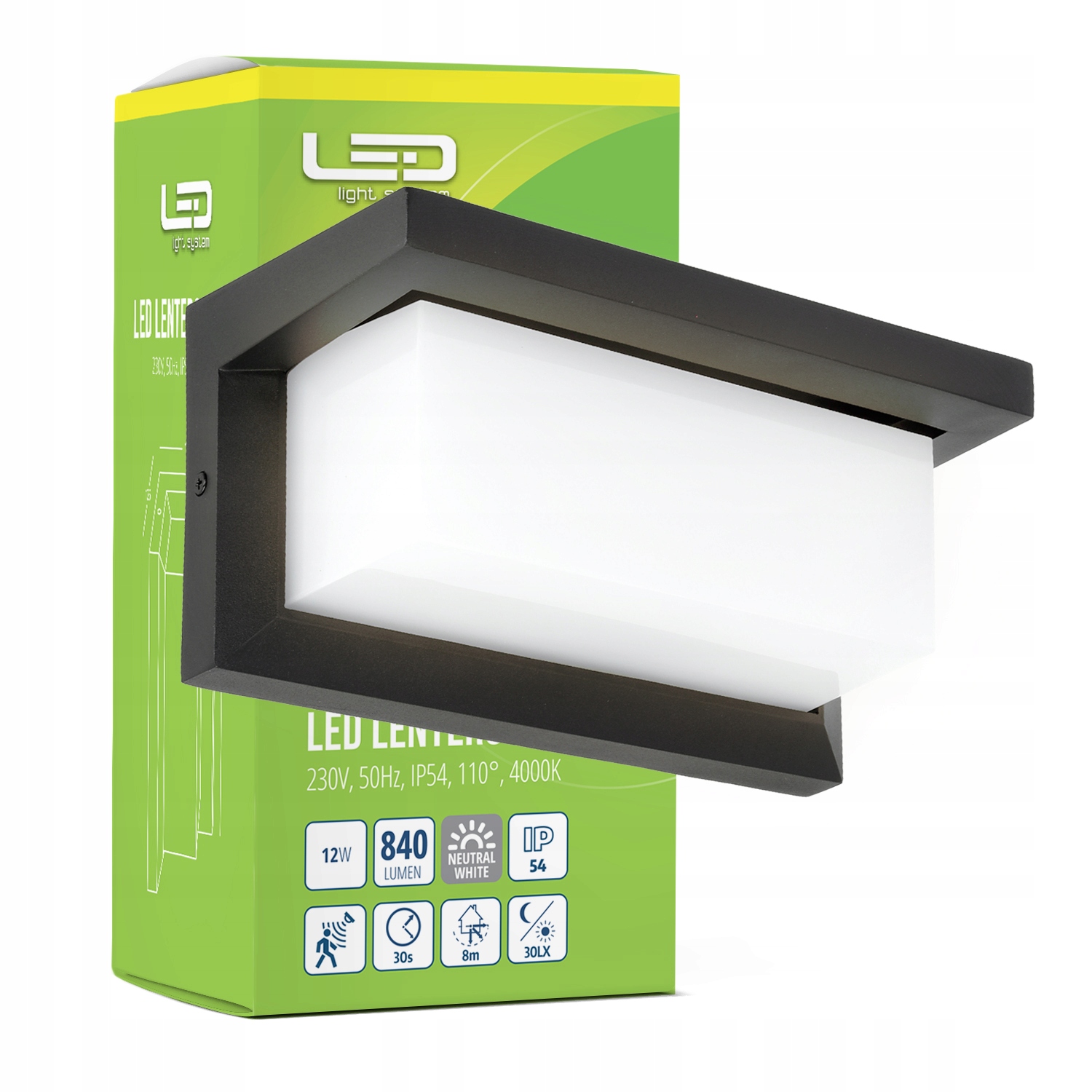 Kinkiet Zewnętrzny Lampa Elewacyjna Czujnik Ruchu Ogrodowa 12W Czarna IP54