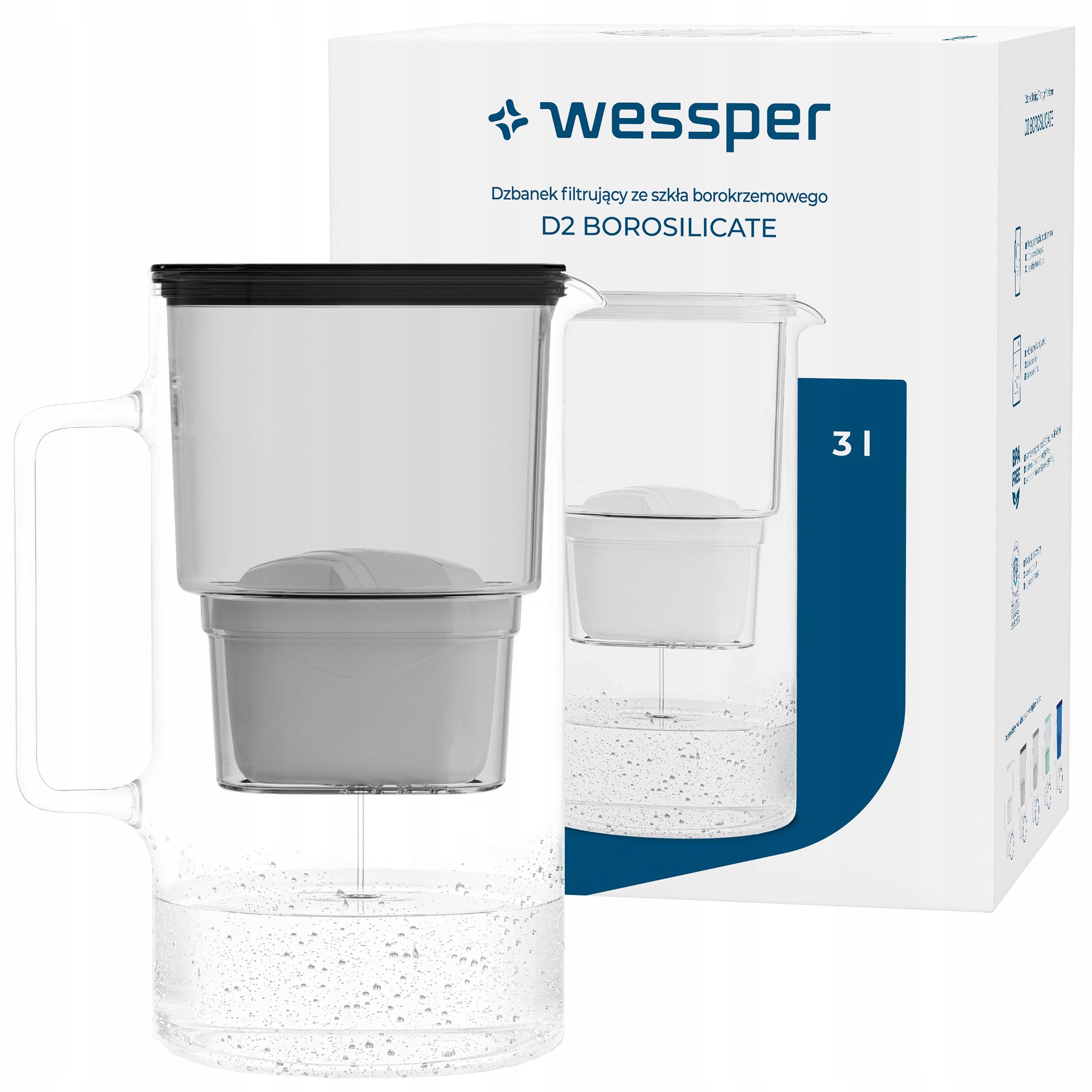 Dzbanek filtrujący Wessper D2 Borosilicate 3l czarny filtr
