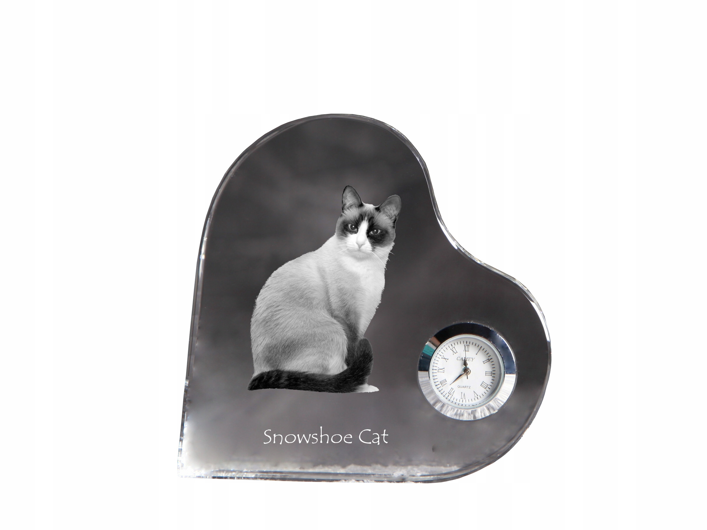 Mačka Snowshoe – krištáľové hodiny v tvare srdca s vašou fotografiou