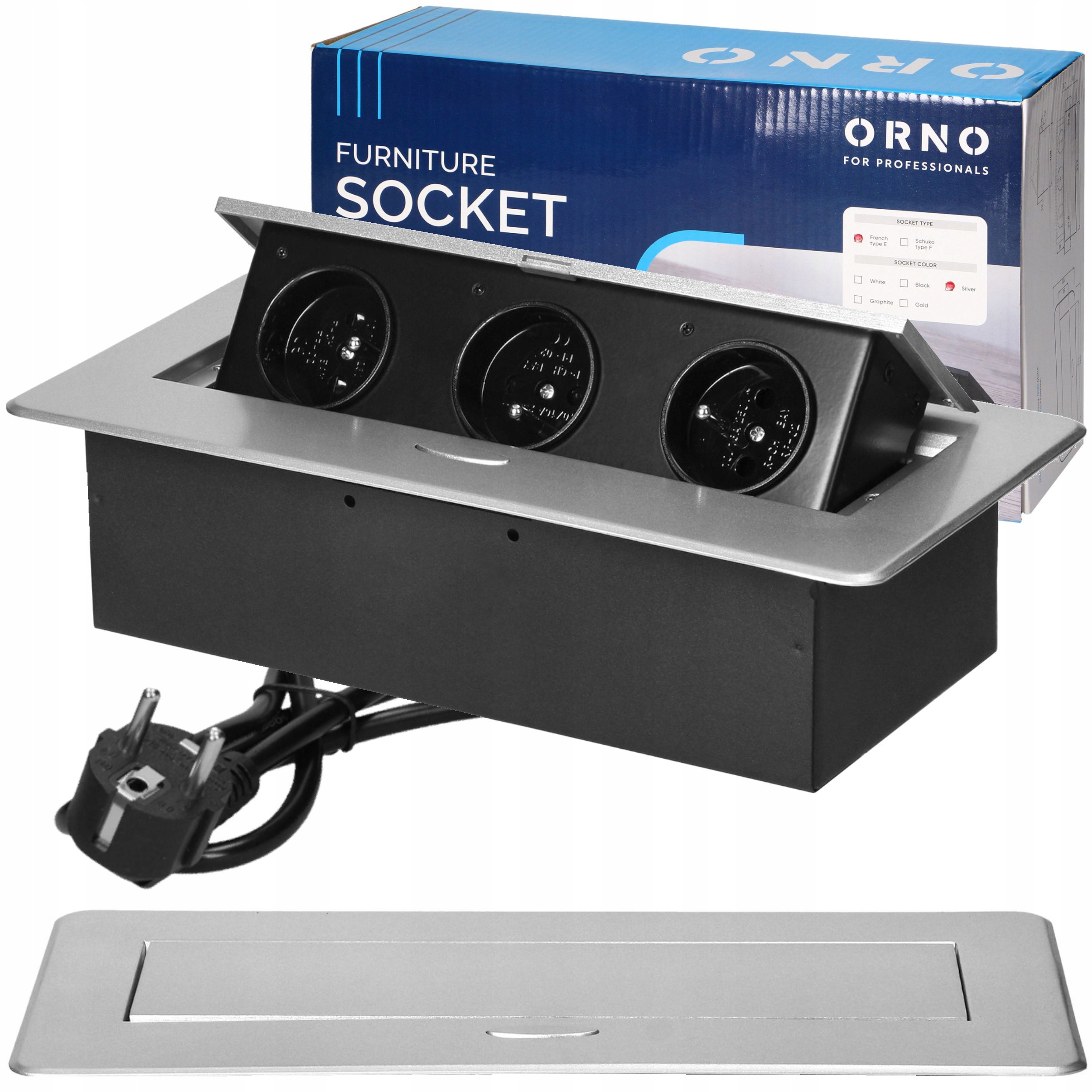 Gniazdo Wpuszczane Chowane w Blat Nablatowe Potrójne Kabel 1,5m Srebrne