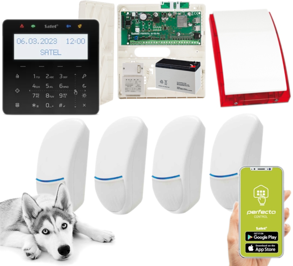 Alarm Satel Perfecta 64 M Lte 4 Czujki Bingo Plus KSG2R-B Aplikacja Syrena