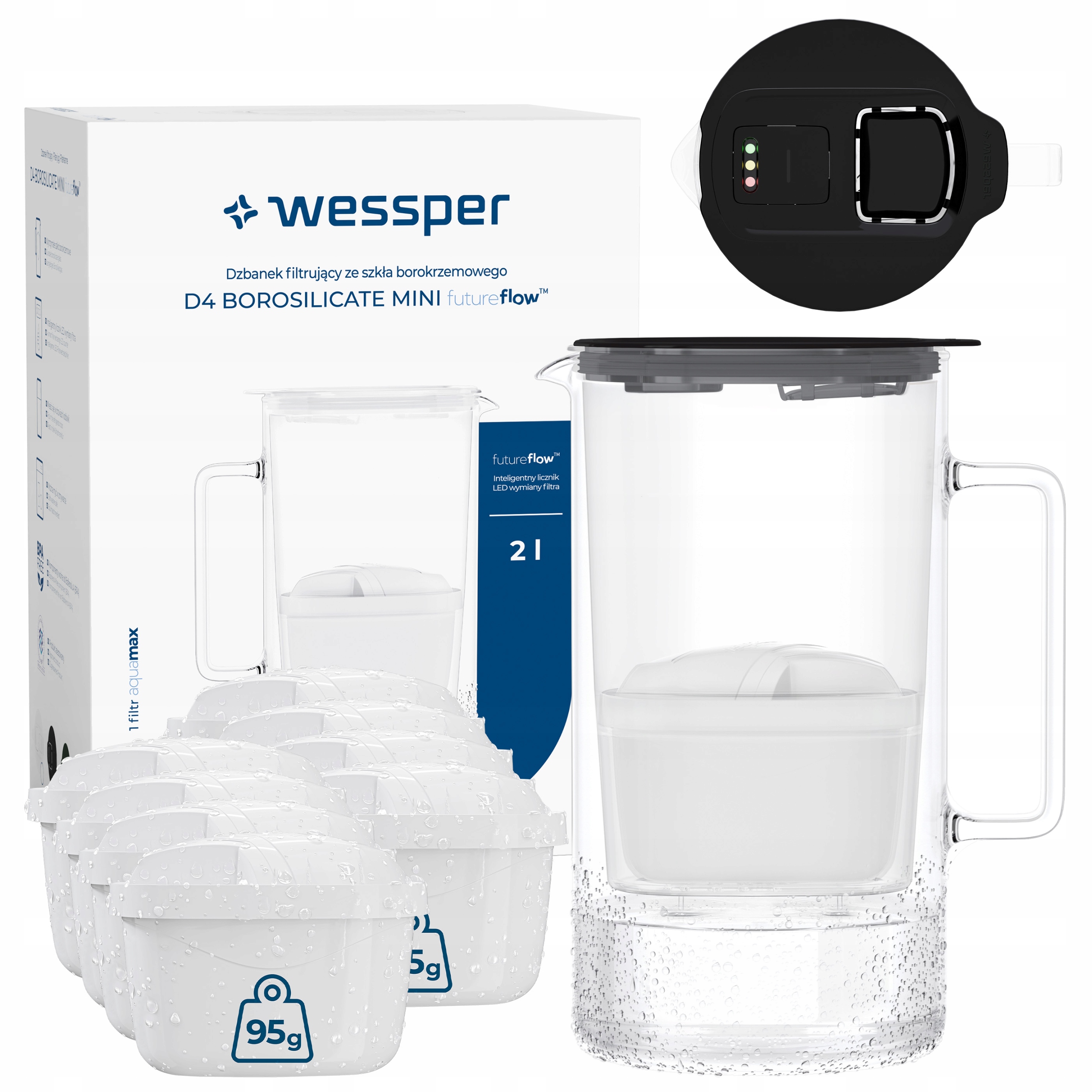 Skleněná filtrační konvice Wessper D4 Borosilicate Mini 9x filtrační vložka