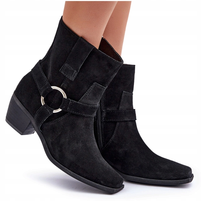 Kotníkové Boty Na Nízkém Semišovém Podpatku Se Zipem A Páskami Zazoo 3444/2 Černé 39