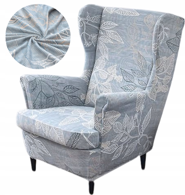 POKROWIEC NA FOTEL USZAK ELASTYCZNY GŁADKI PRINT GRAFIKA LIŚCIE BŁĘKITNY