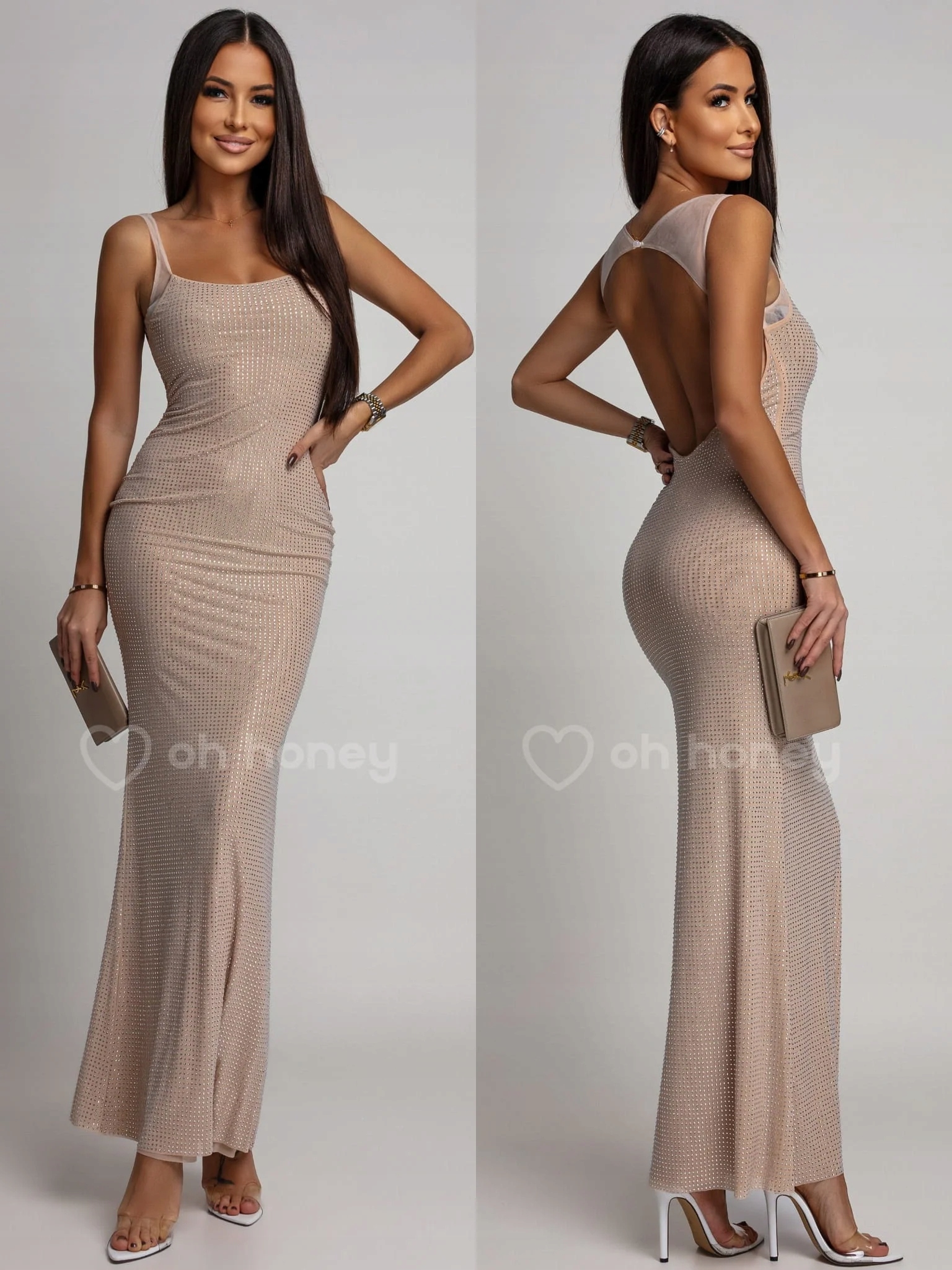 Šaty Maxi se zirkony a odhalenými zády Béžová Azura S