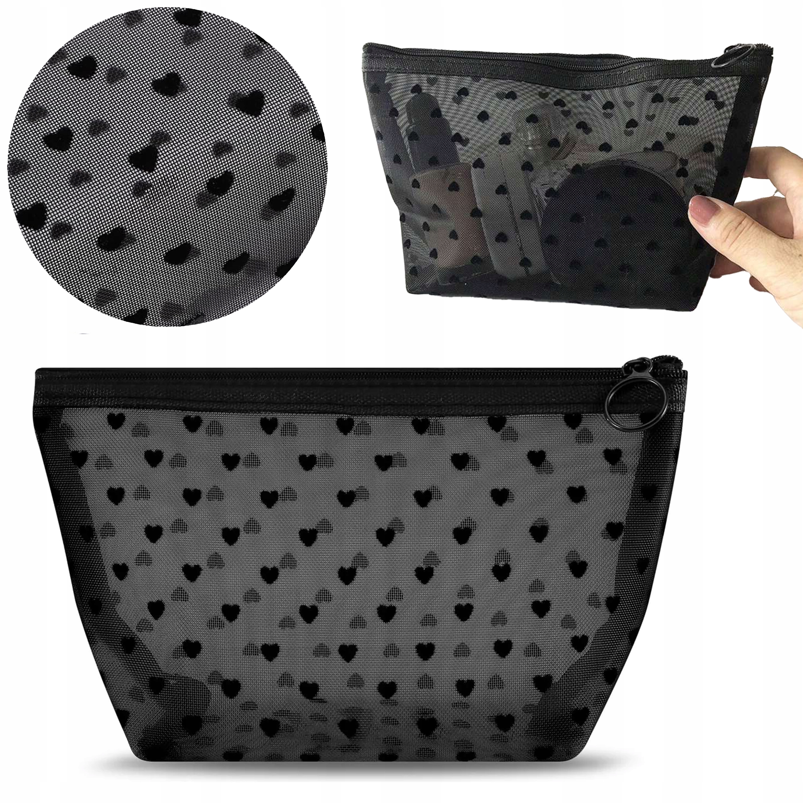 KOSMETYCZKA KUFEREK W SERDUSZKA NA ZAMEK SIATECZKOWA CZARNA MINI TRAPEZ