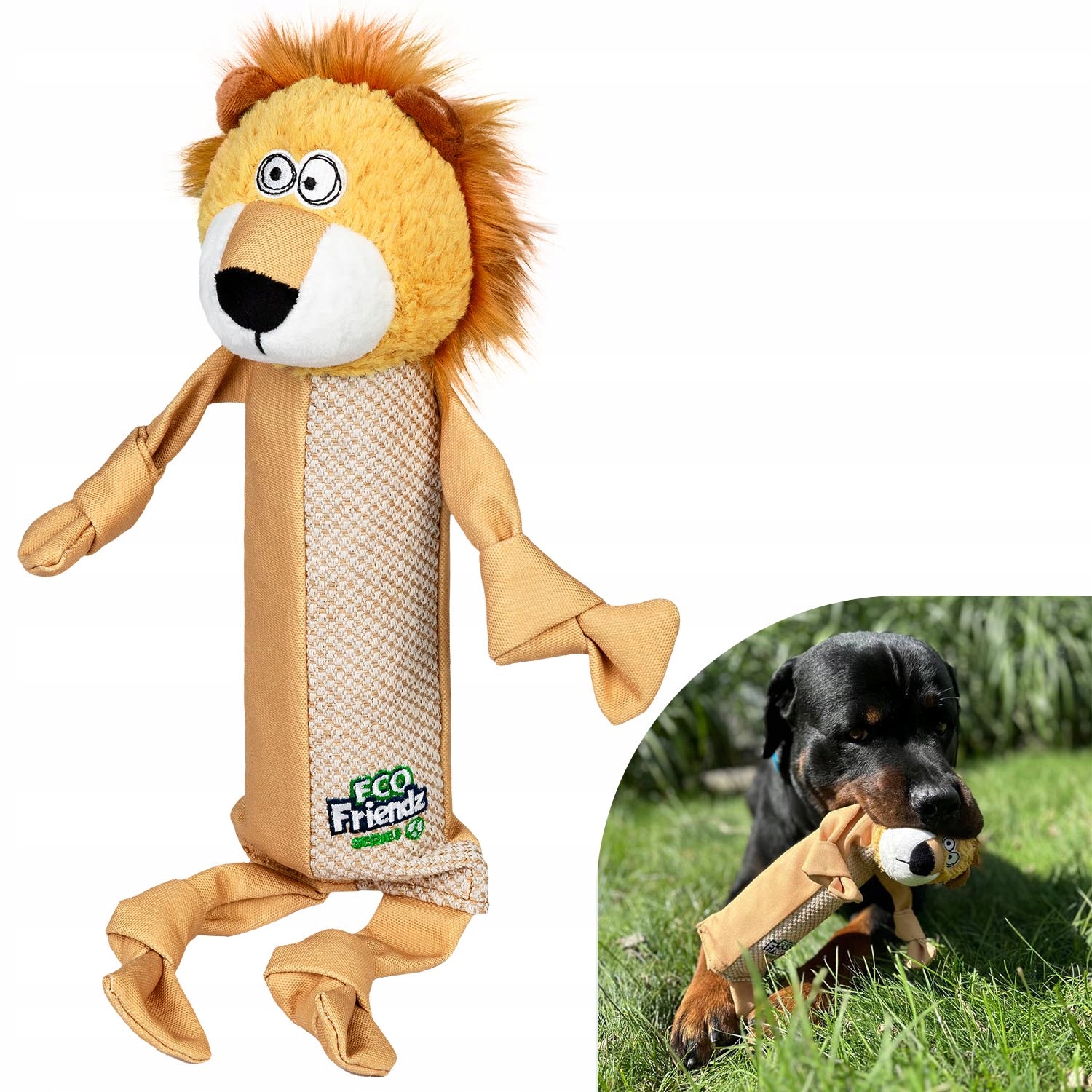 Levně Hračka pro psy Lev, láhev a pískací hračka, recyklovaný textil, 39 cm