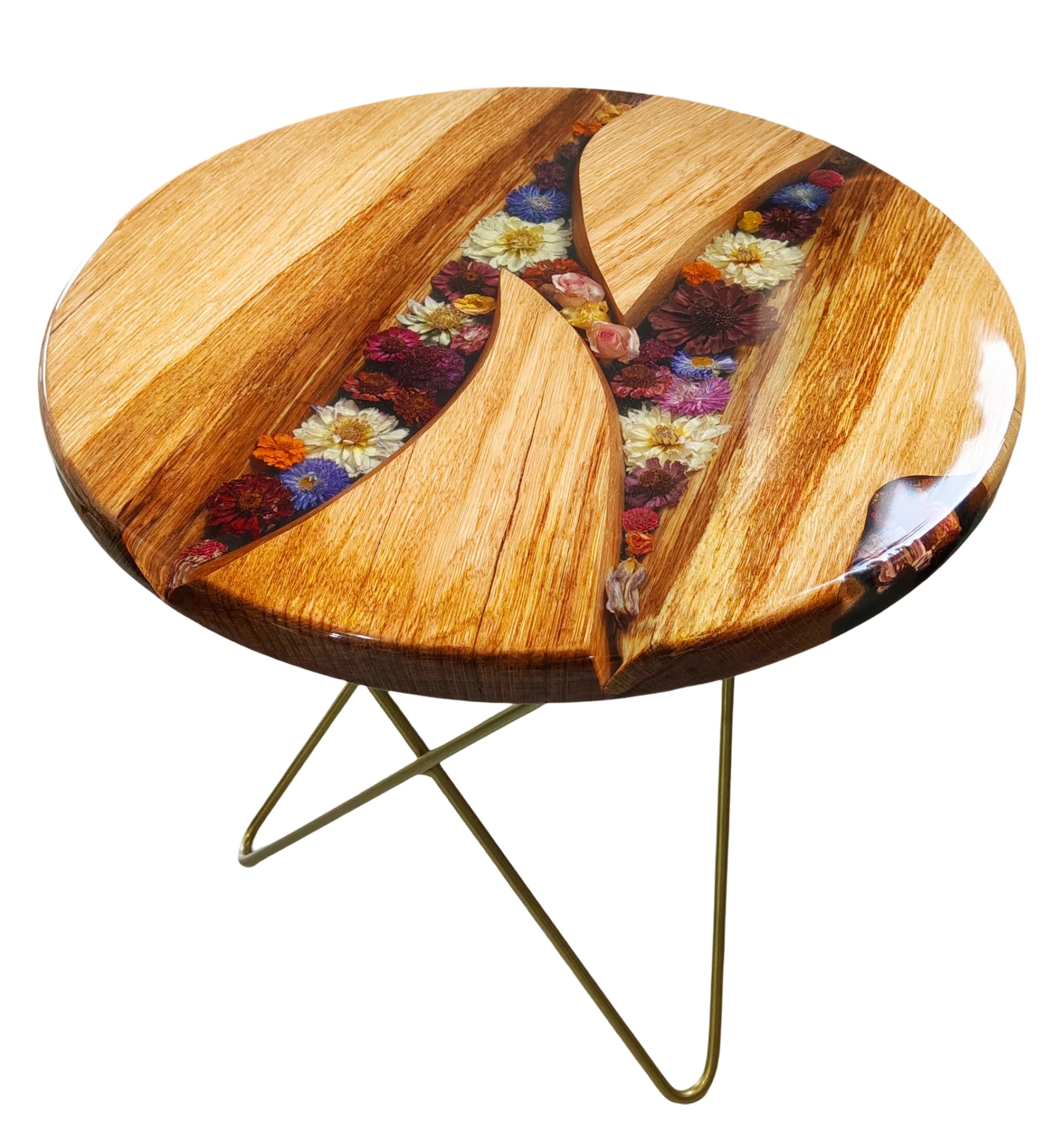 Kávový stolek z dubu s květinami zalitými pryskyřicí 60 cm