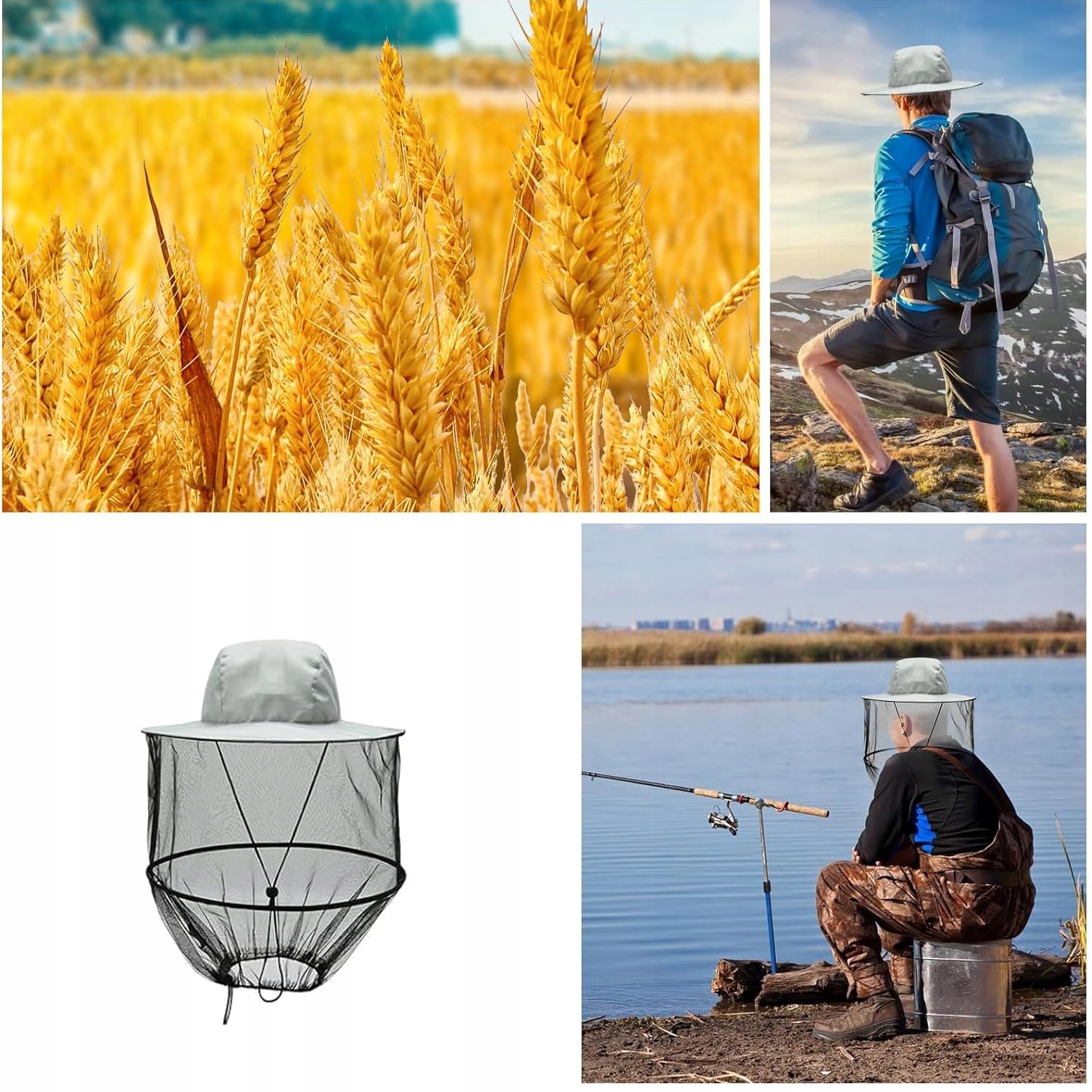 KAPELUSZ Z SIATKĄ NA KOMARY SZARY POLIESTER REGULOWANY NA CAMPING Skład materiałowy Poliester