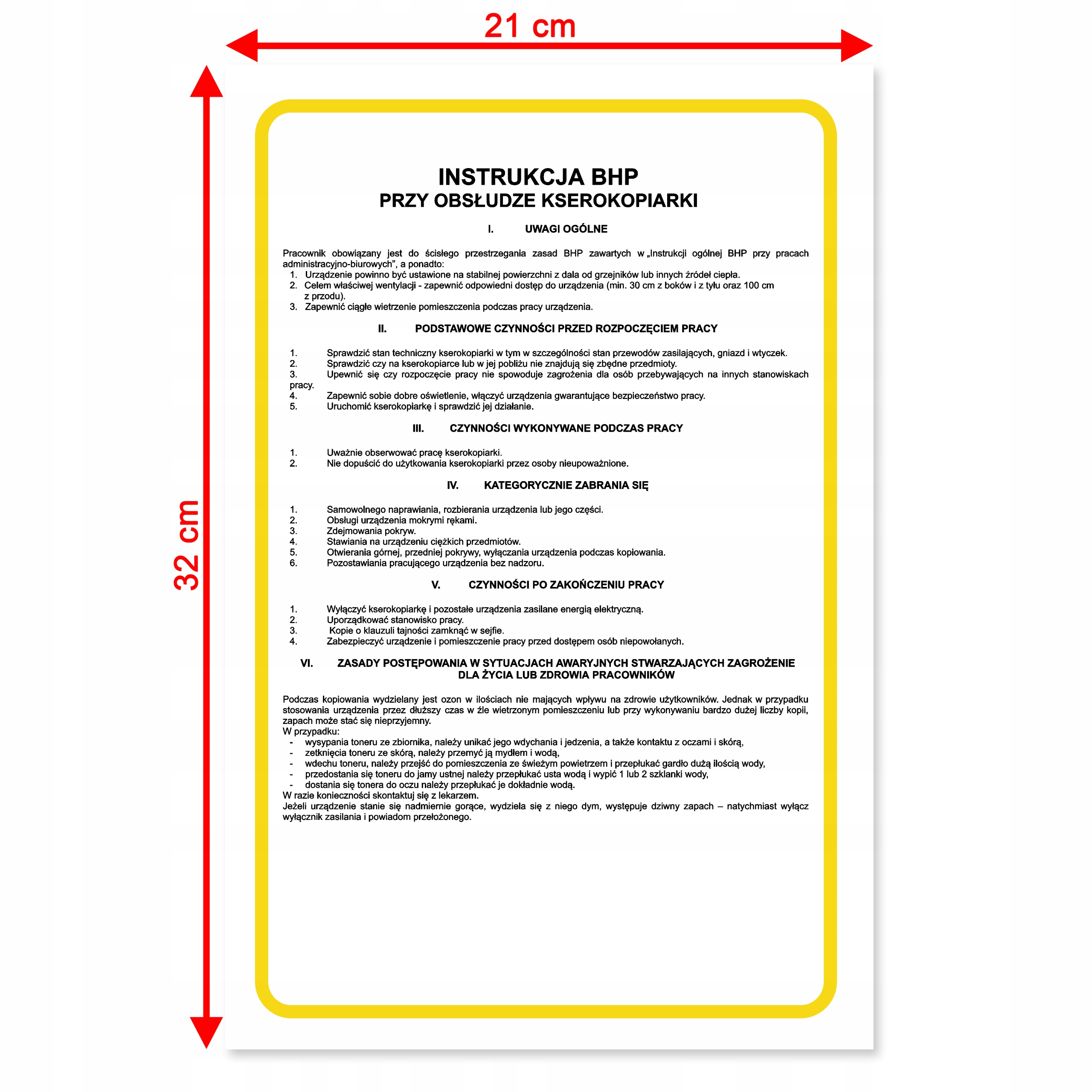 TABLICZKA BHP OBSŁUGA KSEROKOPIARKI 21x32 CM Marka Printima