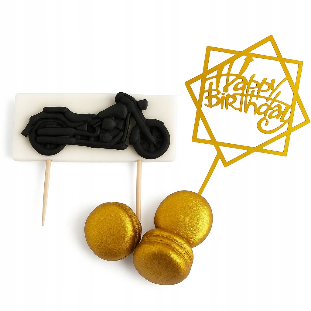 Levně Sada na dort – motocykl a zlaté makronky, elegantní dekorace
