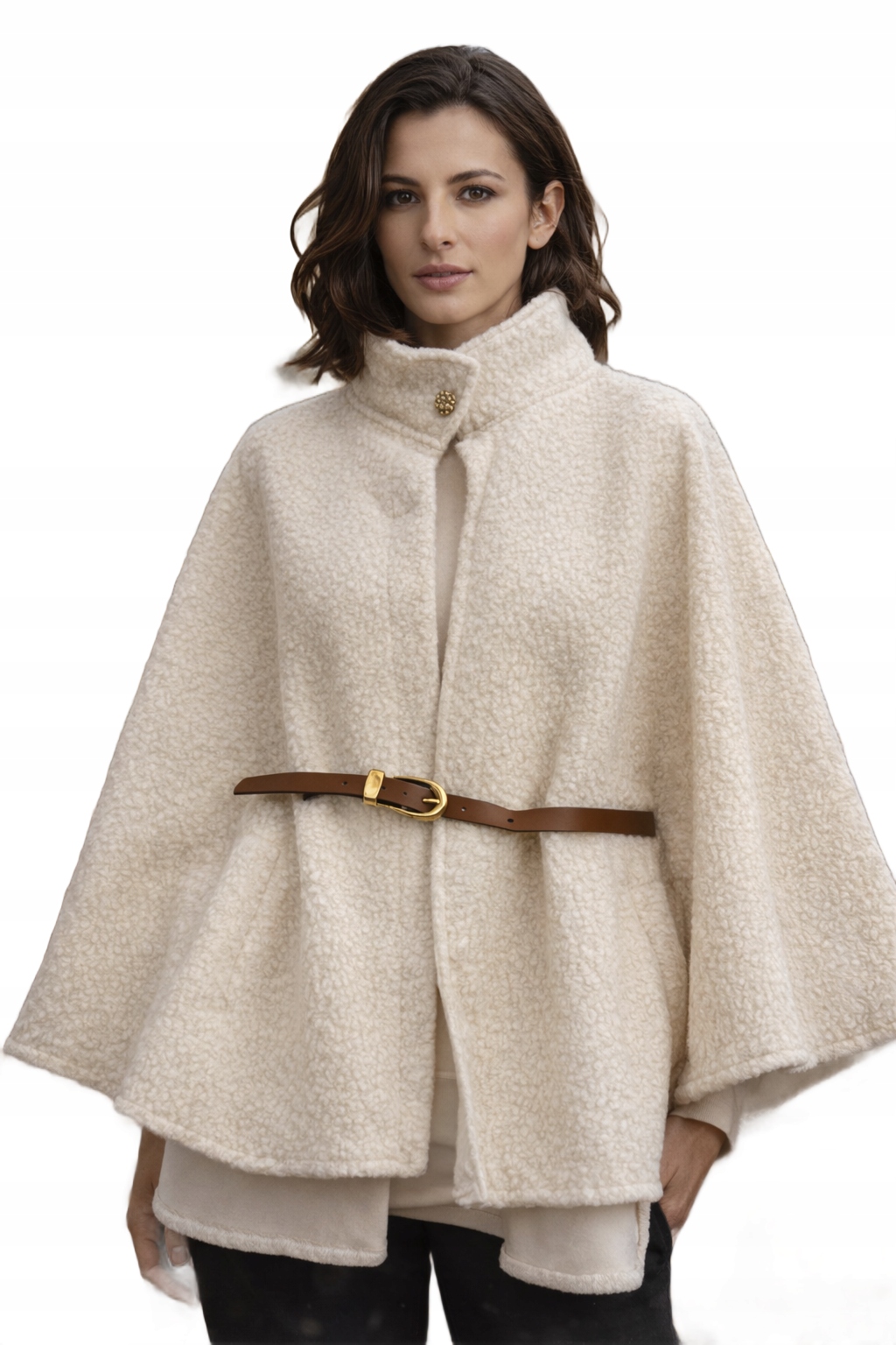 PONCZO DAMSKIE BEŻOWE Z PASKIEM I GUZIKIEM ELEGANCKIE OPA