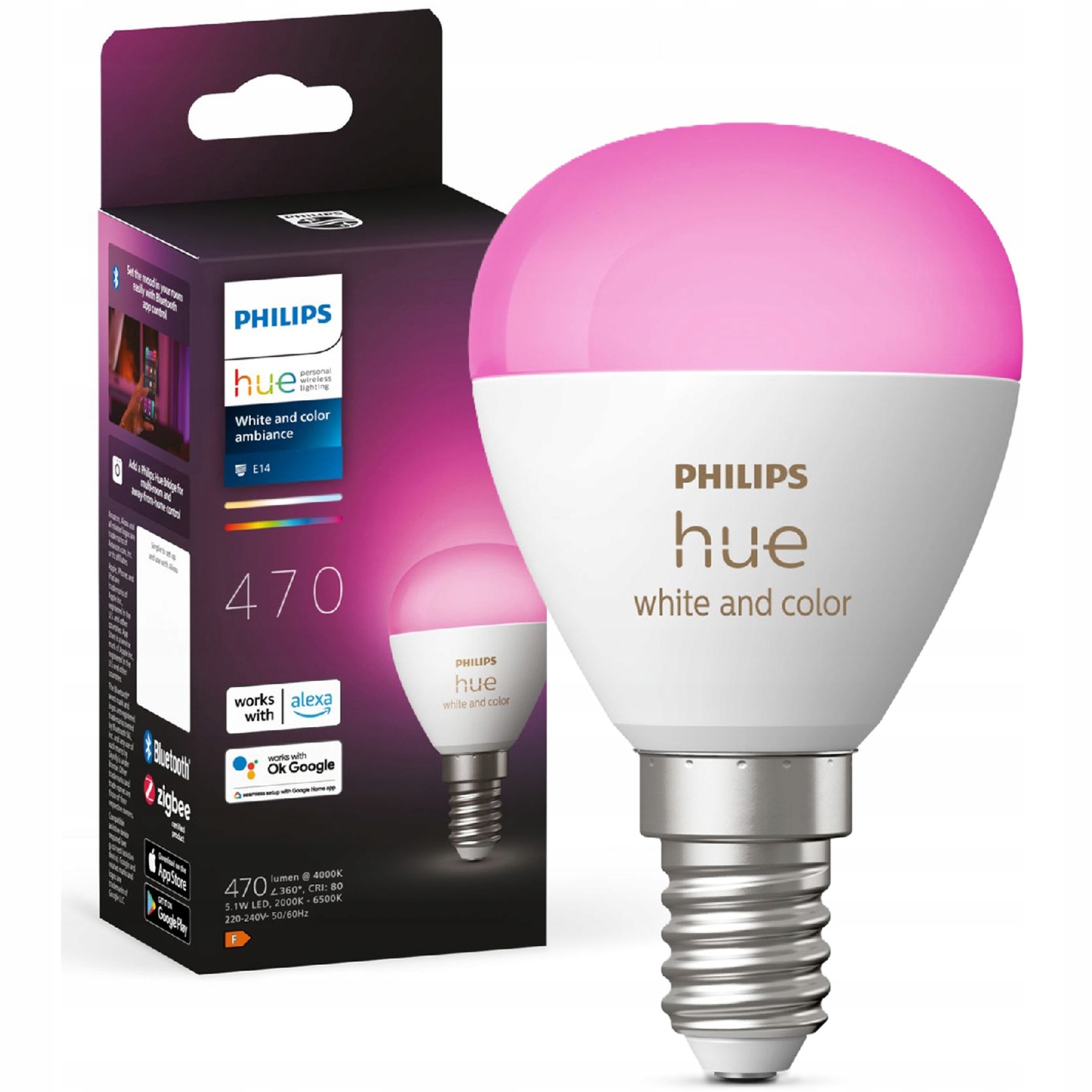 Led žárovka E14 P45 5,1W 470lm 2000 6500K Tw Rgb Smart Philips Hue