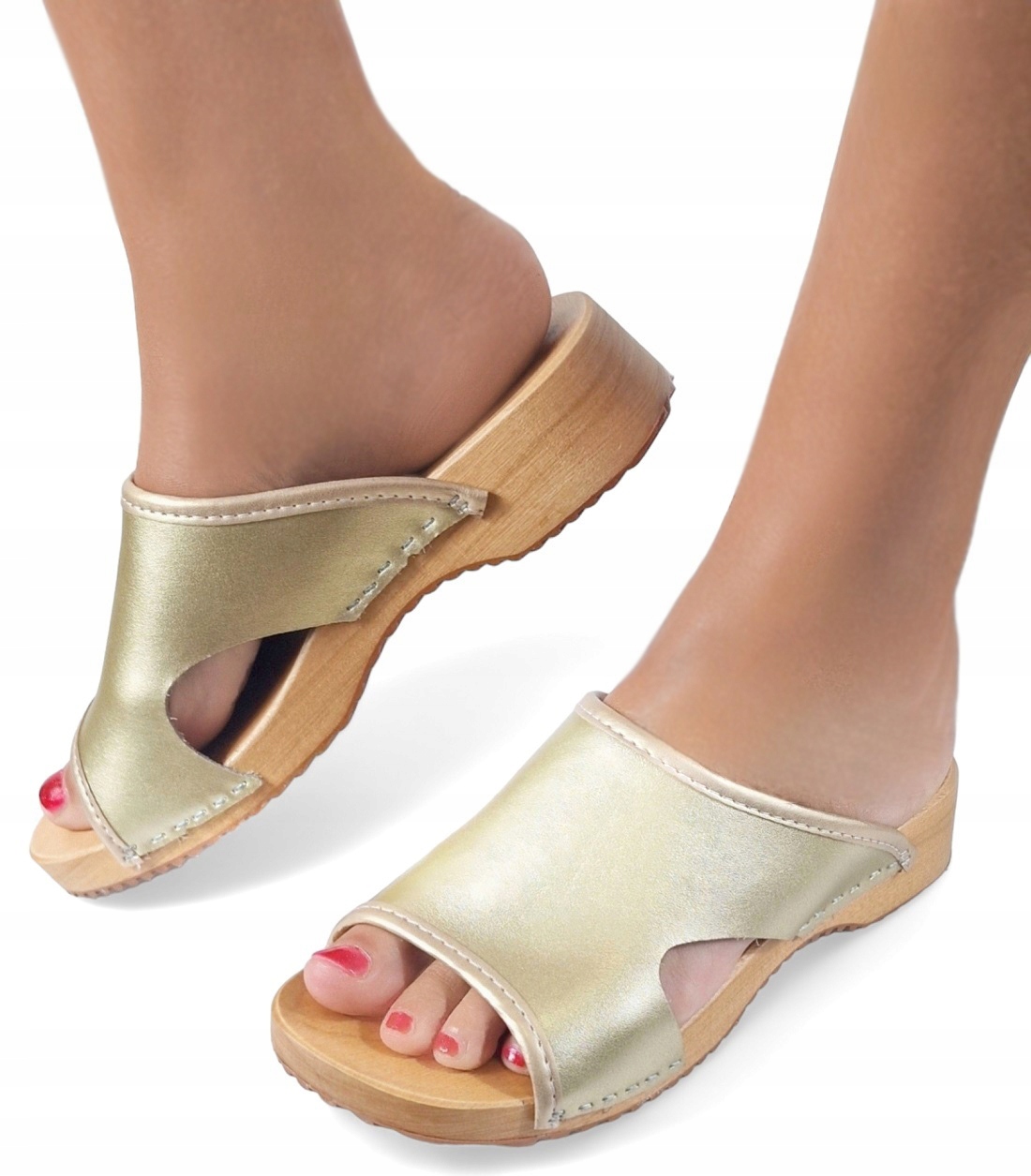 ZŁOTE Odkryte Drewniaki Skórzane Damskie Medyczne POLSKIE Chodaki *35*