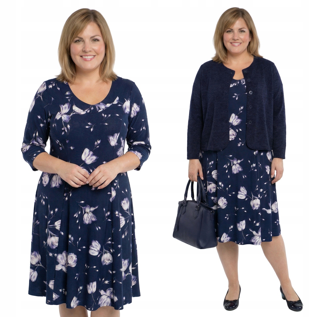 Tmavě modrá šaty s fialovými květy a velikostí velikost 48/50