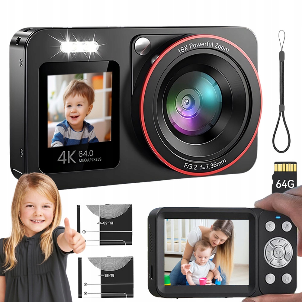 Kompaktní Digitální Fotoaparát 4K 64MP 18X 64GB Sd 2 Baterie 1200MAH 2,8" Černý