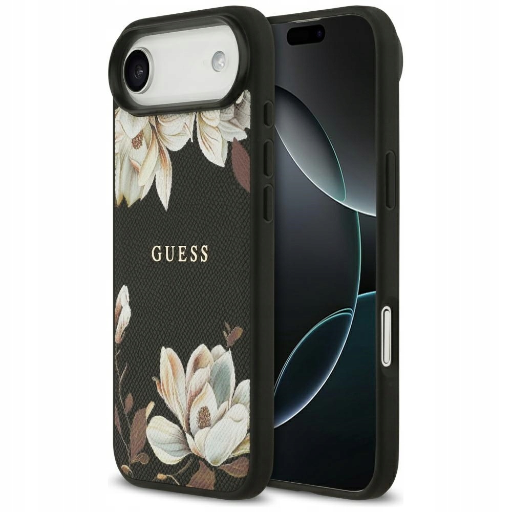 Puzdro Guess Grained Flowers Classic Logo MagSafe pre iPhone Air, čierne