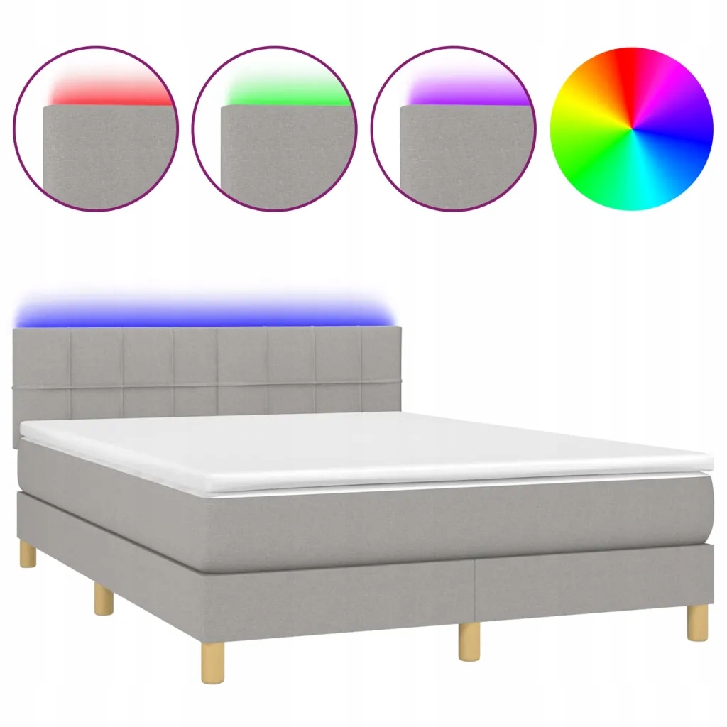 Kontinentální postel s Led, světle šedá, 203 x 144 x 78/88 cm, matrace 140 x