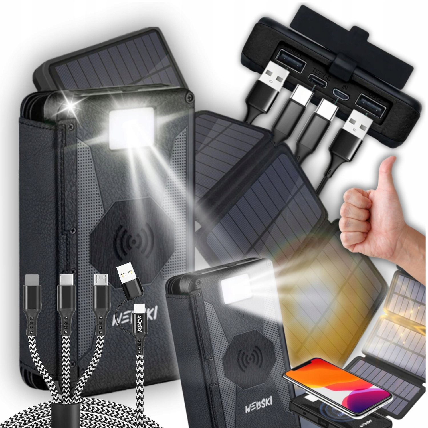 Solární Powerbanka 20000 mAh Bezdrátová Indukční Nabíječka Kabel 6v1