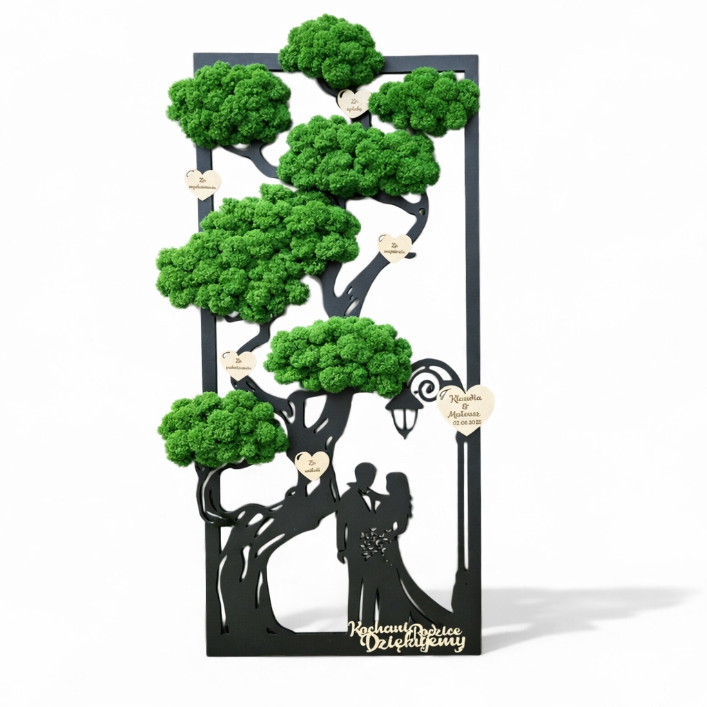 Bonsajový strom s mechem chrobotkem 40 dárek s mladým párem, obraz z mechu