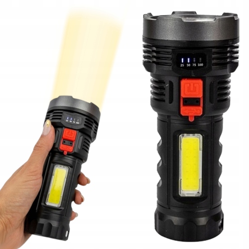 Mała mocna latarka Led szperacz 2w1 4 tryby świecenia Usb-c Czarna