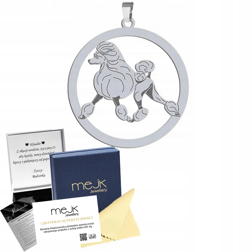 Stříbrný přívěsek s psem Pudl 925 Dárek Žena Gravírování Dedikace Bonus