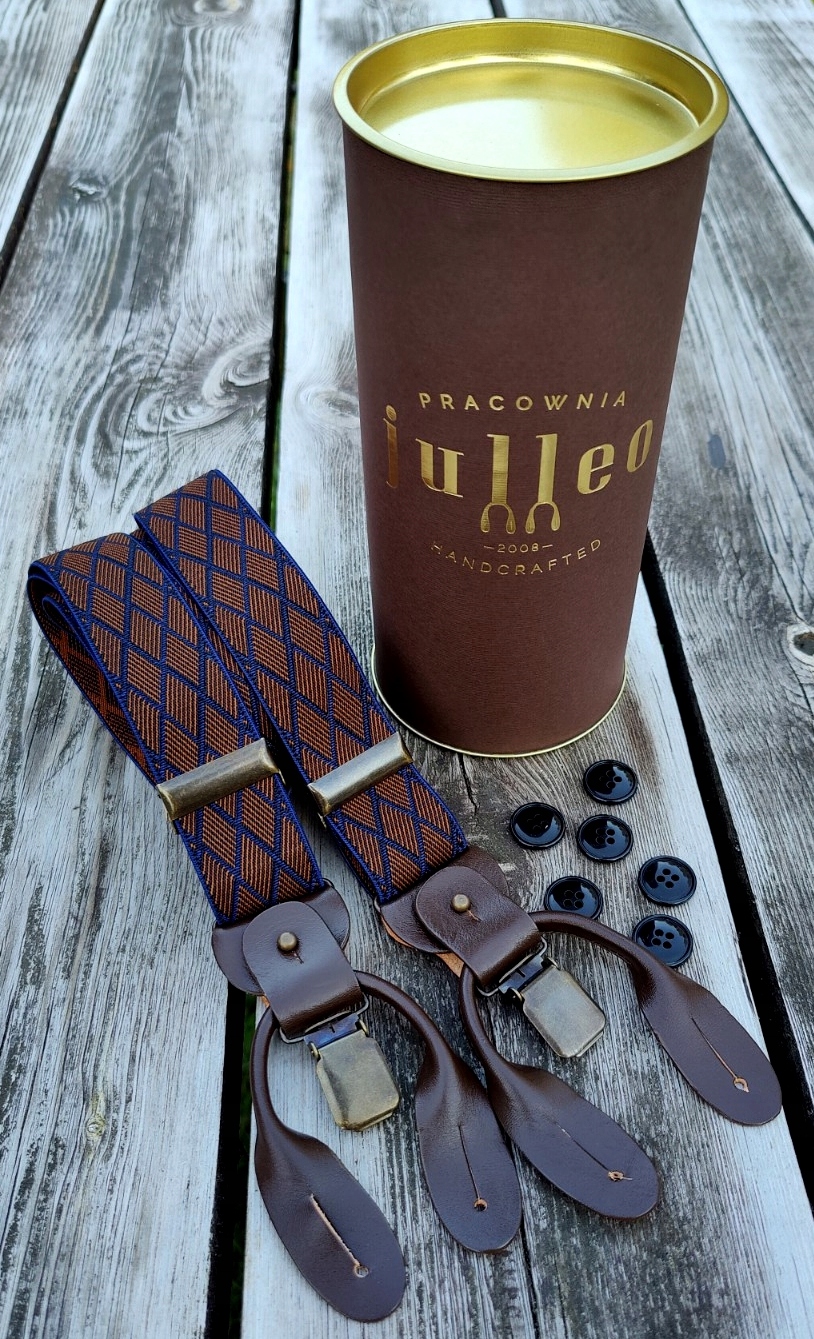 Szelki na guziki 2w1 GUMA BRĄZOWA ROMBY do spodni Kolor brązowy