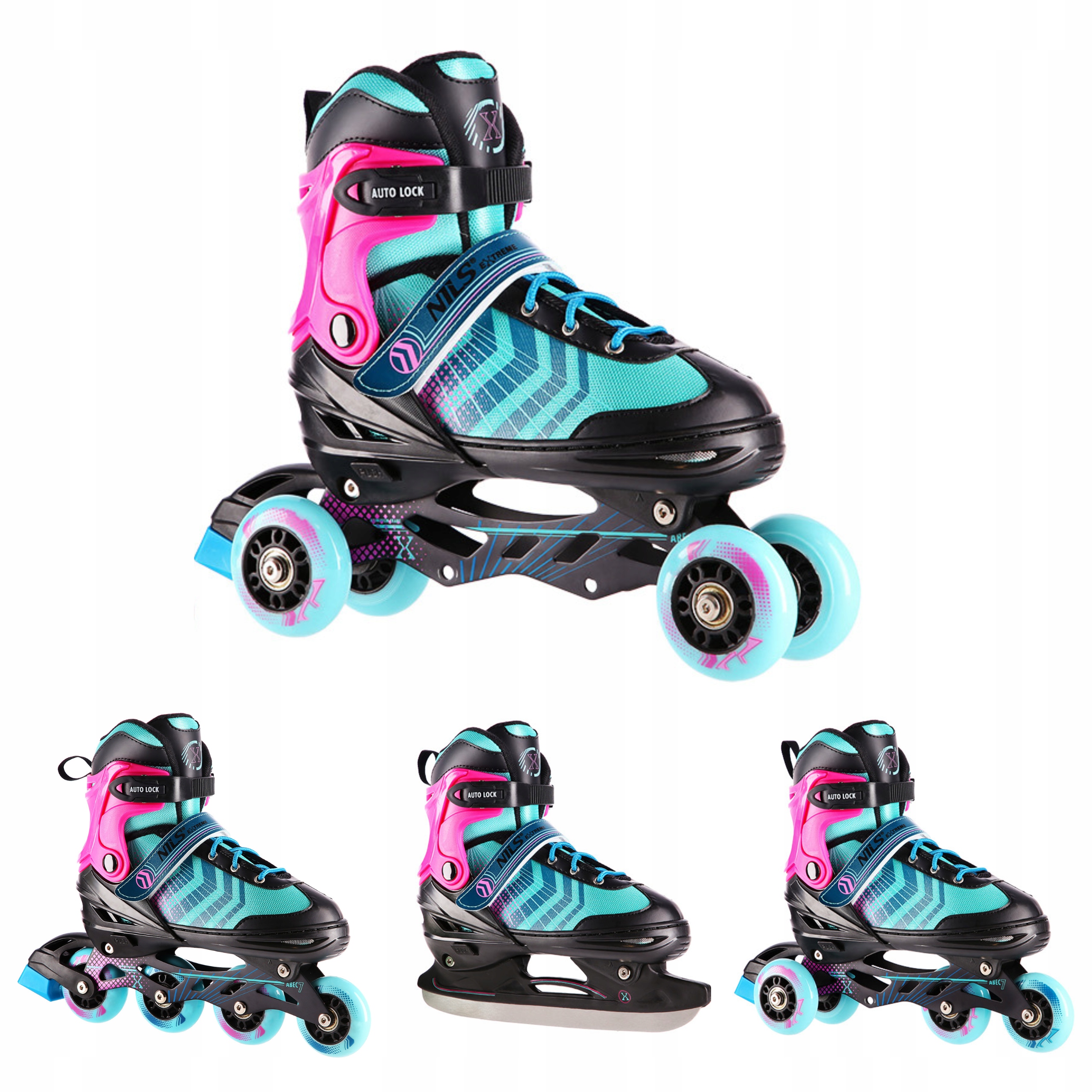 Łyżworolki 4w1 zestaw M 34-38 regulowane łyżwy wrotki hokejowe Nils Extreme