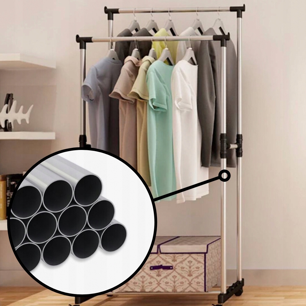 WIESZAK STOJĄCY PODWÓJNY NA KÓŁKACH UBRANIA STOJAK GARDEROBA NA CIUCHY Kolor mebla czarny srebrny