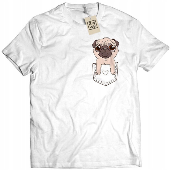 

Koszulka Pug Mops kieszonka poket pocket biała L
