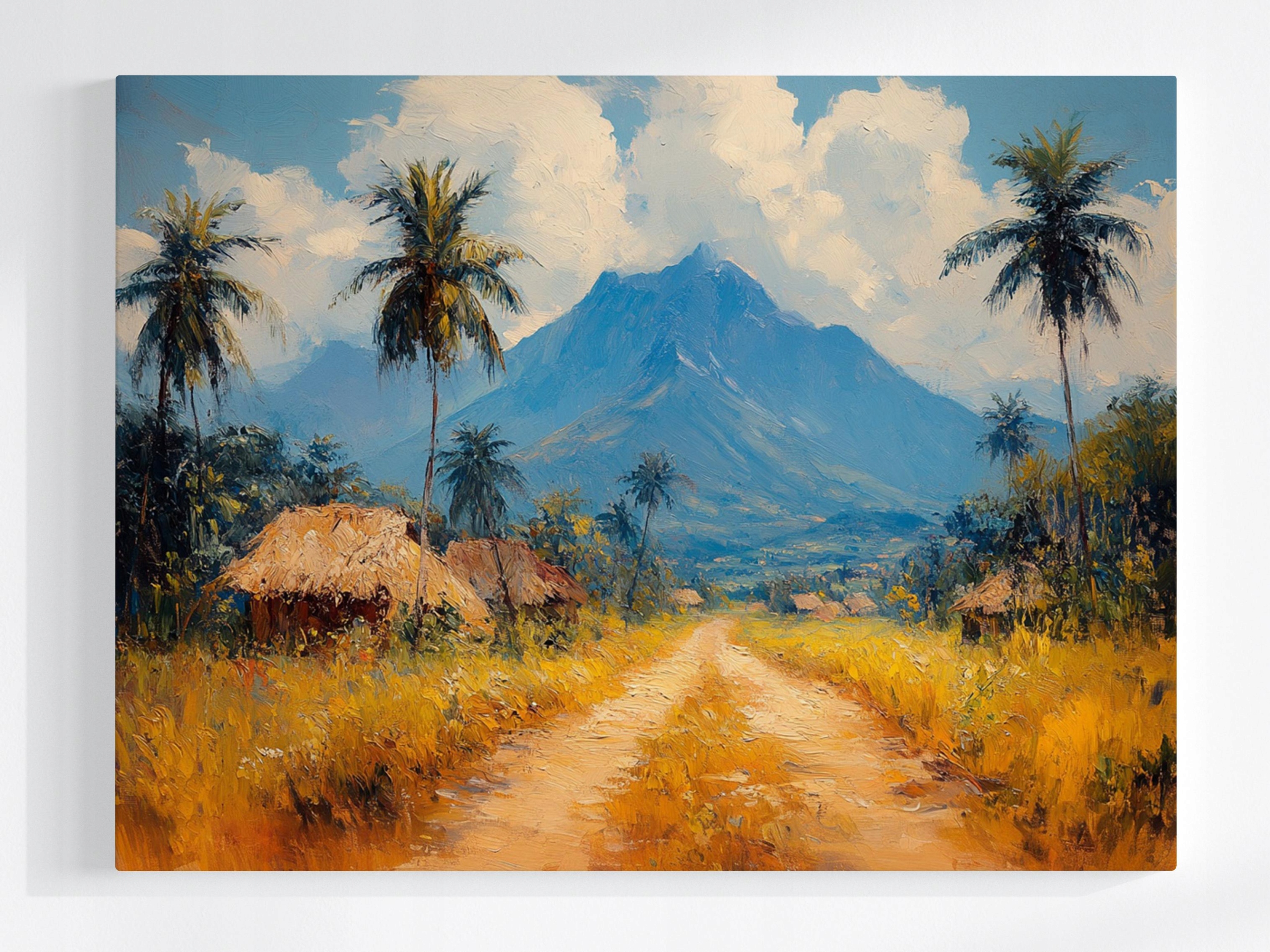 Obraz Na Plátně Canvas Afrika Vesnice Chaty Palmy Cesta Hory 80x60