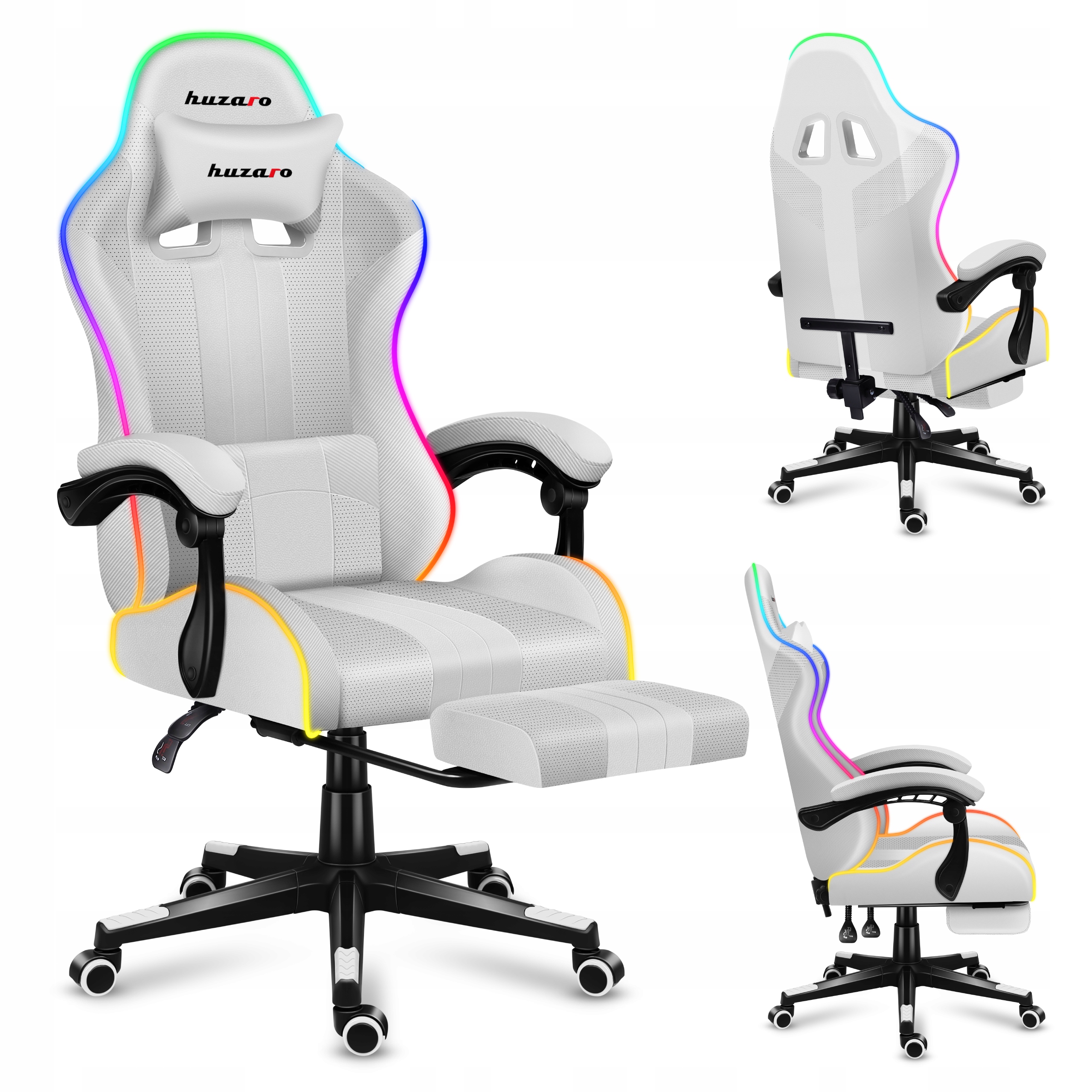 Herní křeslo Huzaro bílé Rgb Led otočné s podnožkou