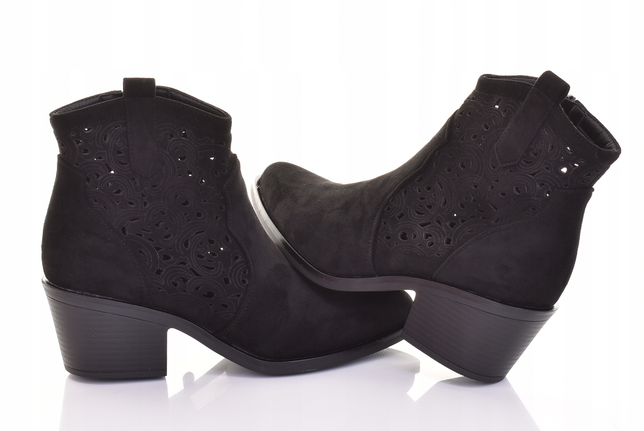 Damskie Botki Zamszowe Ażurowe Płaski Obcas Modne Czarne