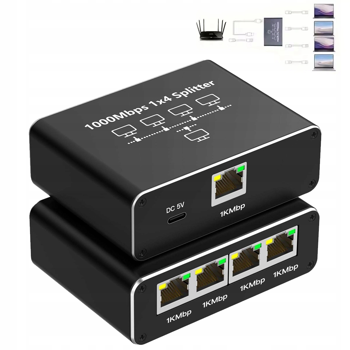 Rozdzielacz Splitter SWITCH 4 port RJ45 1000Mbps USB-C Aluminium