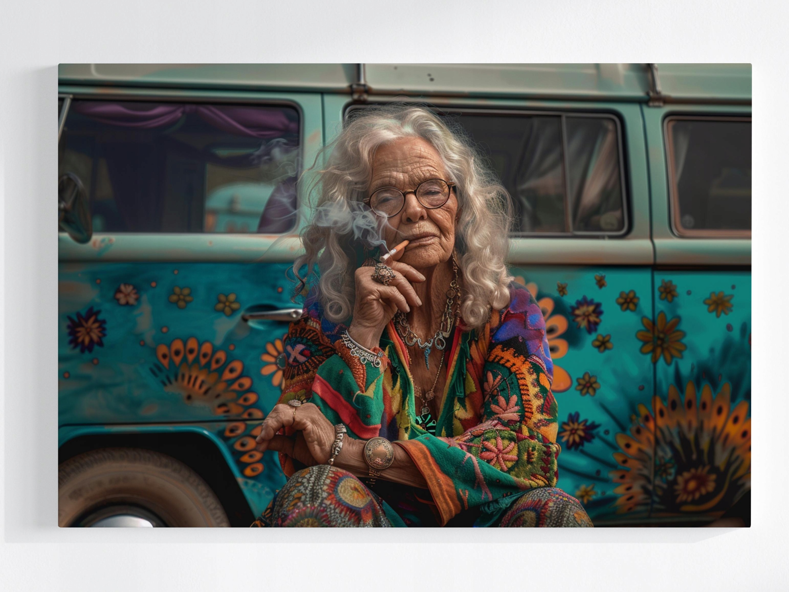 Obraz Na Plátně Canvas Hippie Starší Žena Barevný Van Retro 120x80