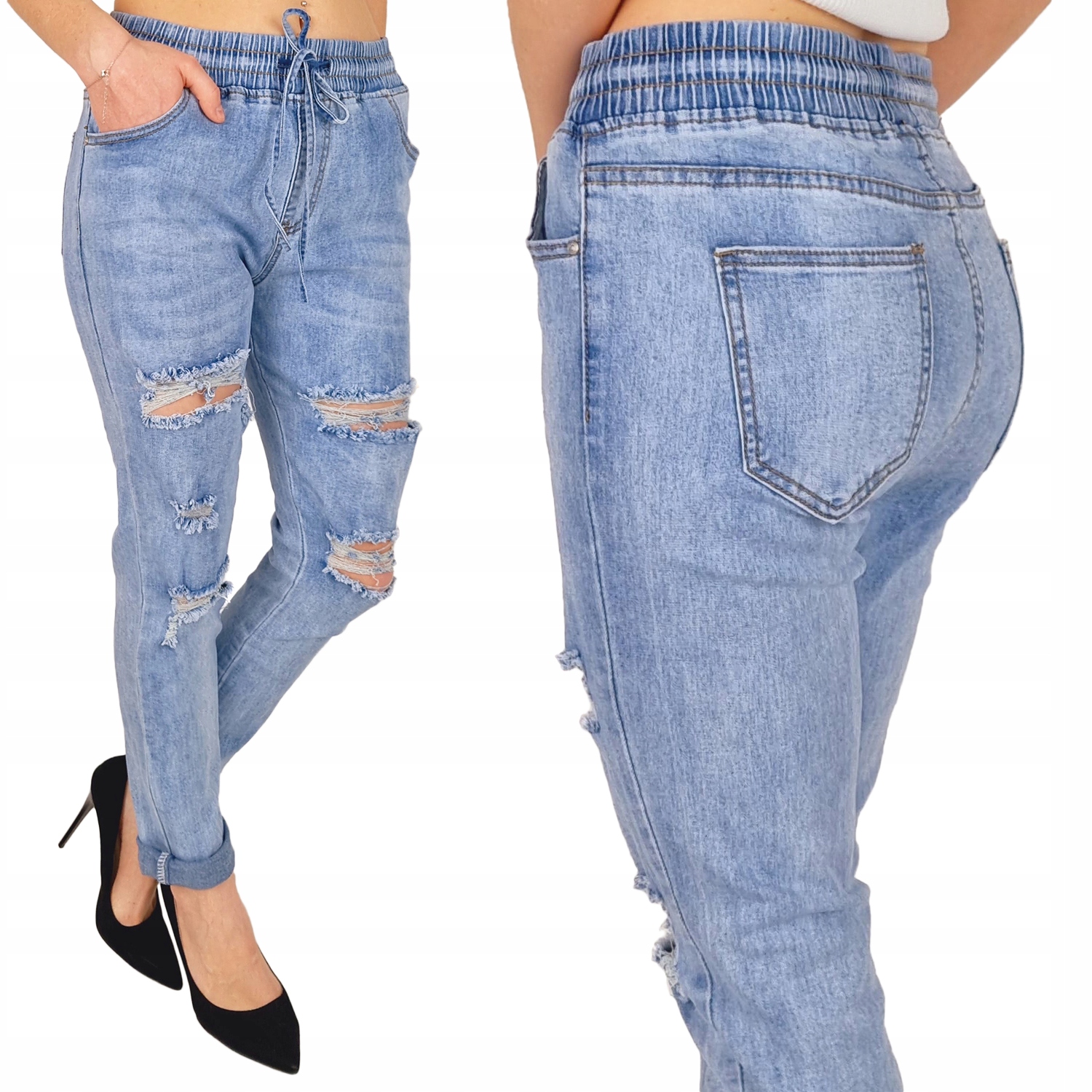 

#damskie Spodnie Jeans w Gumkę Wiązane Plus Size 3