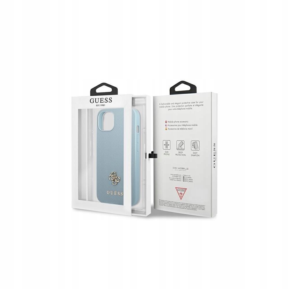 Etui Guess Saffiano 4G Small Metal Logo na iPhone 13 Pro Max niebieskie