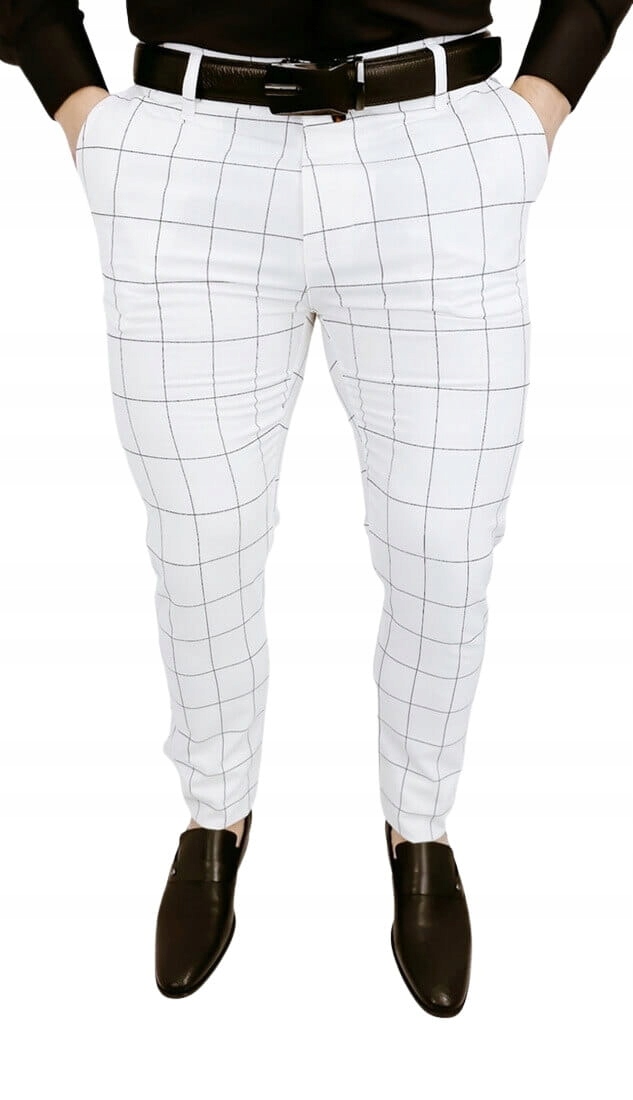 Spodnie meskie w krate slim fit zlamana biel 32