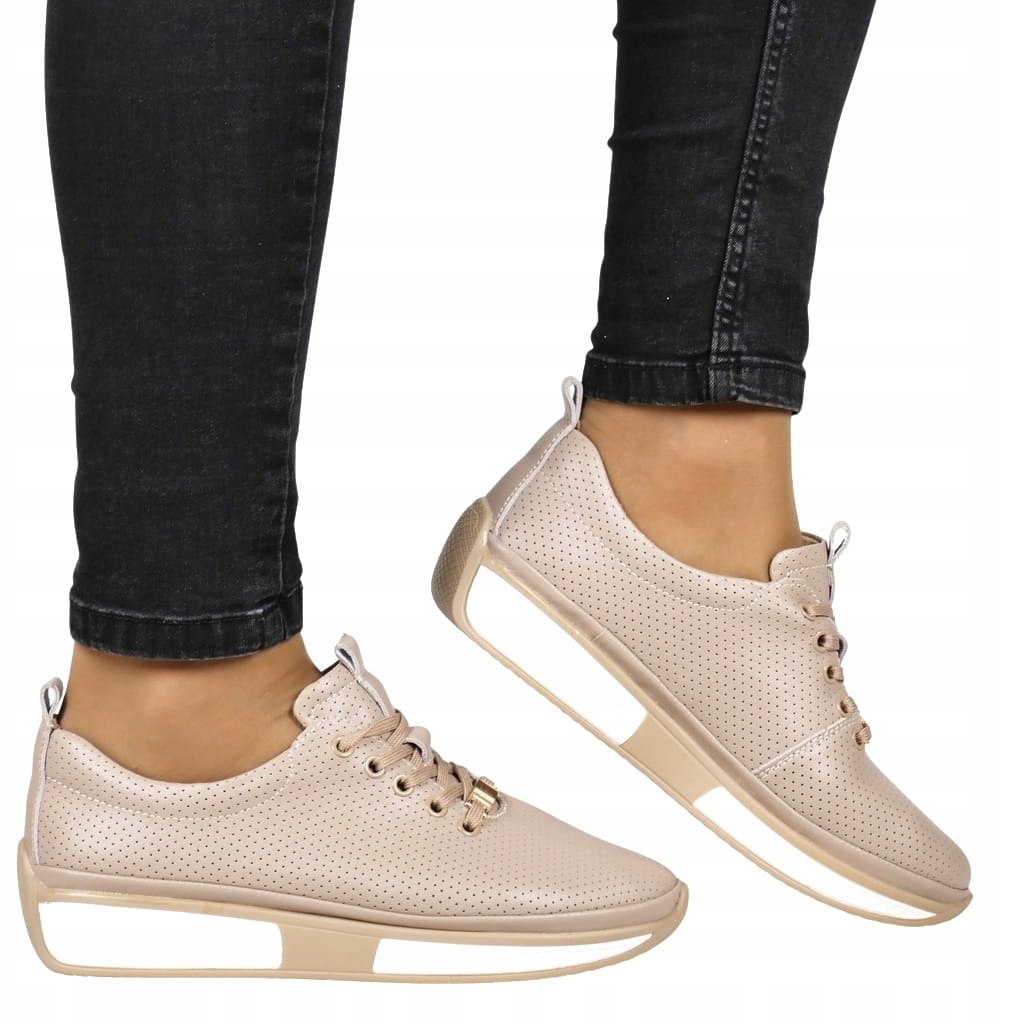 Dámské Kožené Polobotky Na Platformě, Béžové Tenisky, Kůže New