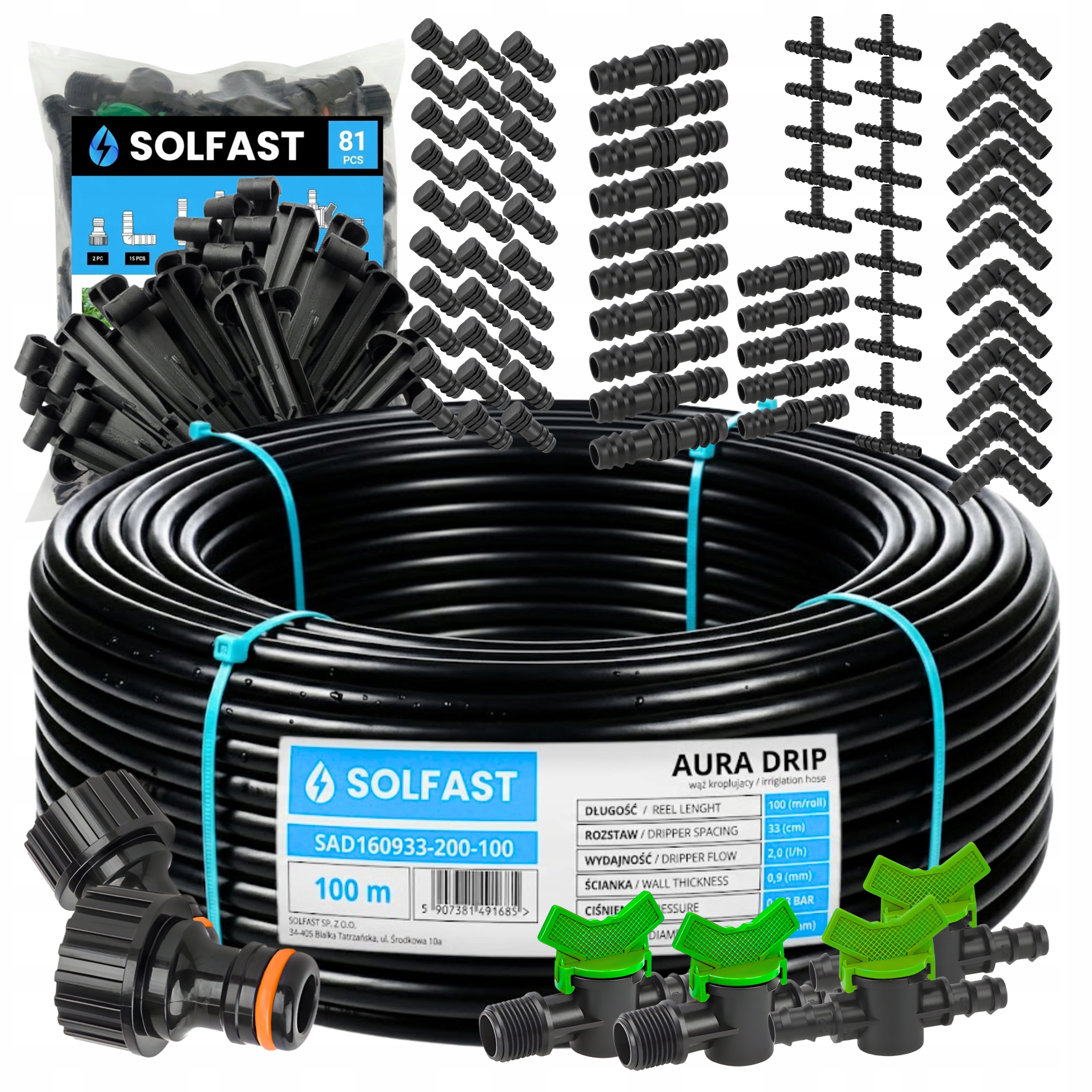 LINIA KROPLUJĄCA 100 m 181 el. NAWADNIANIE KROPELKOWE ZESTAW SYTEM WĄŻ RURA