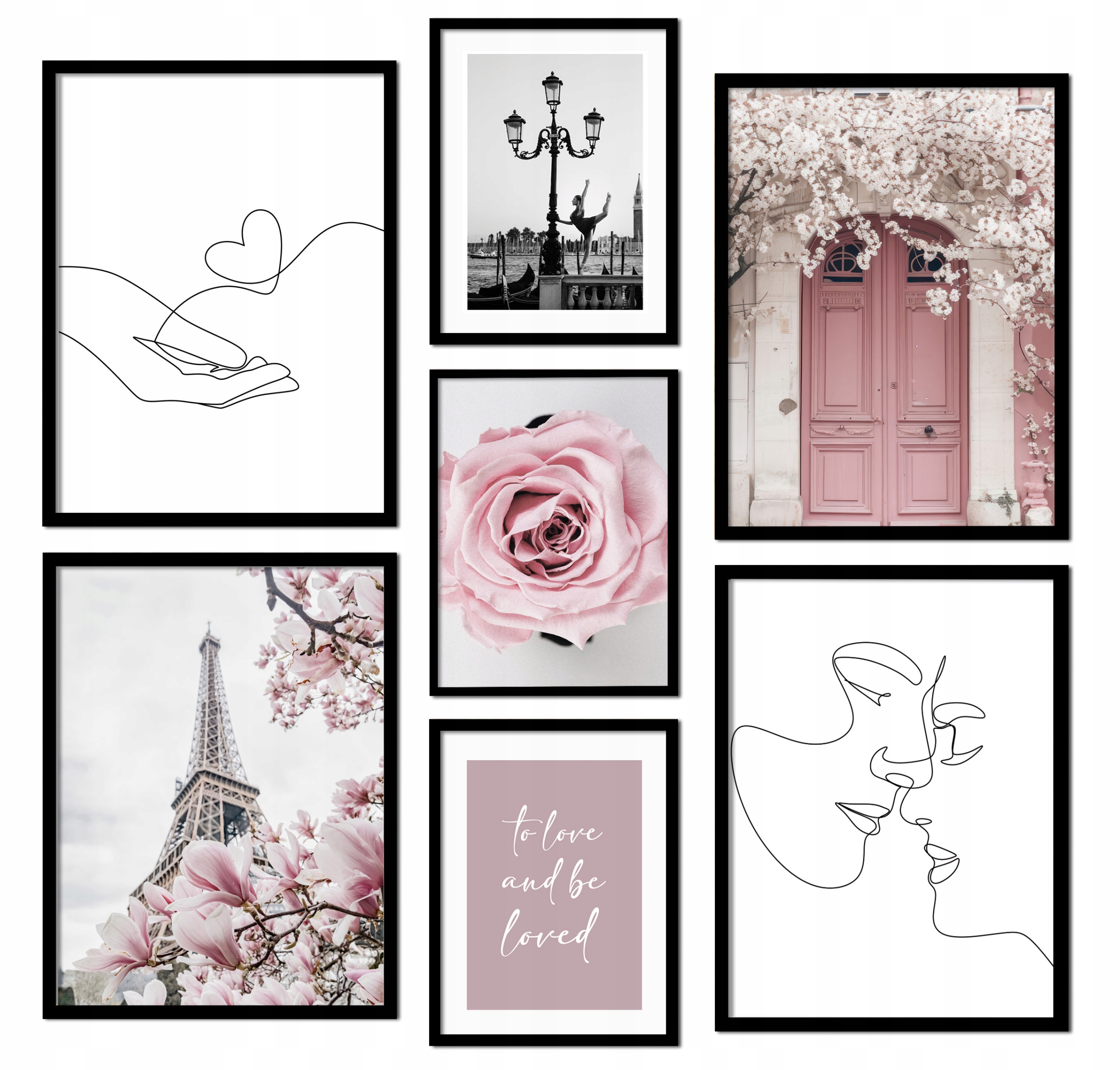 Sada Galéria 7 plagátov Paríž Kvety Láska Srdce Baletka XXL S rámčekmi