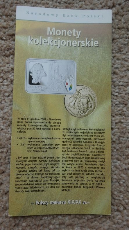 Folder 20 zł 2002,JAN MATEJKO,stan I