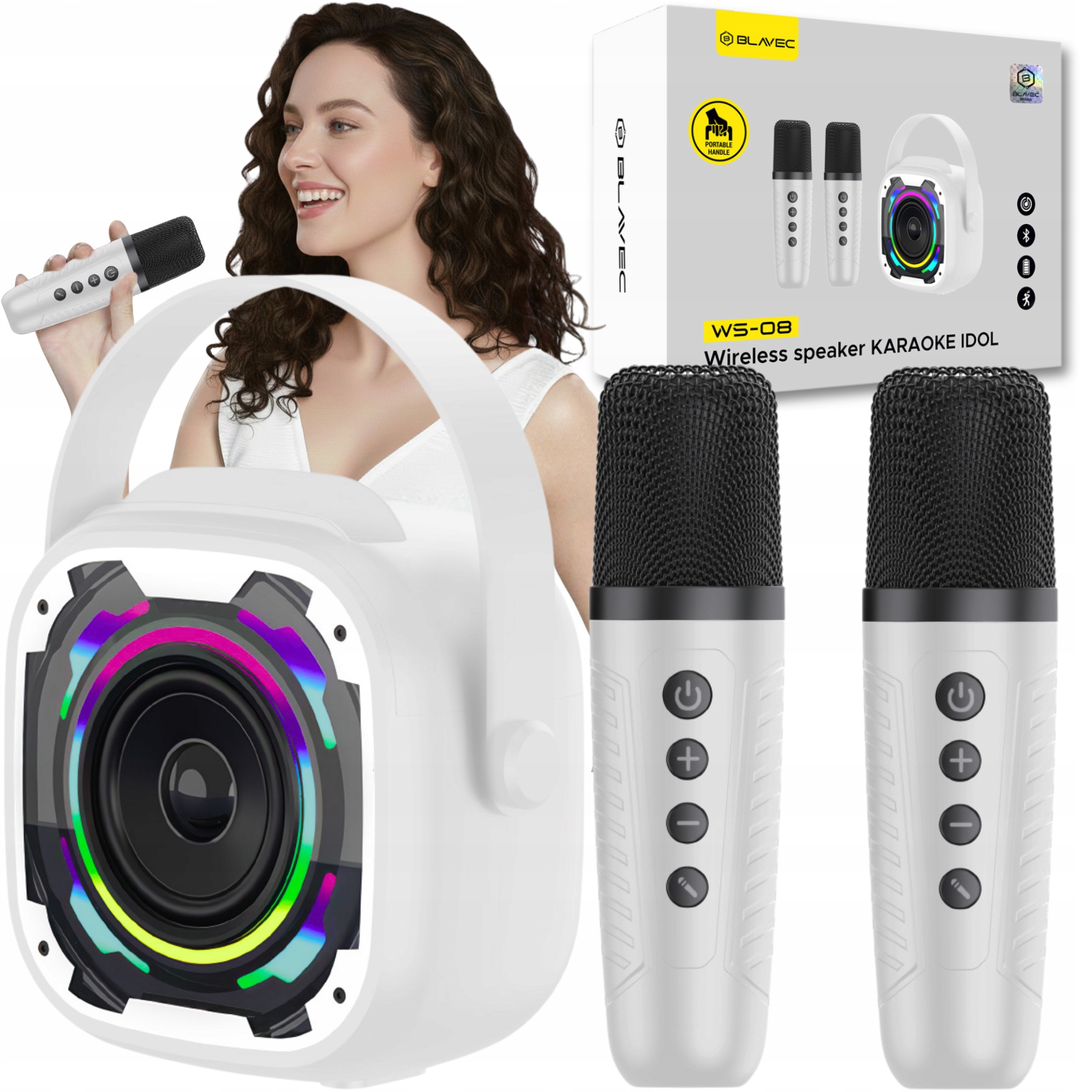 Głośnik Bluetooth Zestaw Karaoke 2 Mikrofony Przenośny Bezprzewodowy Rgb